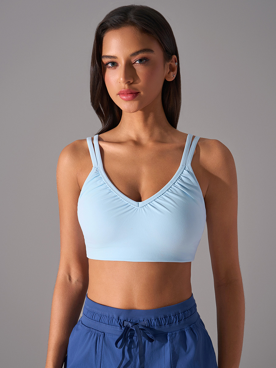 Women's Light Blue V-Neck Sports Bra - Padded Seamless Yoga Bra with Adjustable Straps for Workout, Fitness, and Everyday Wear