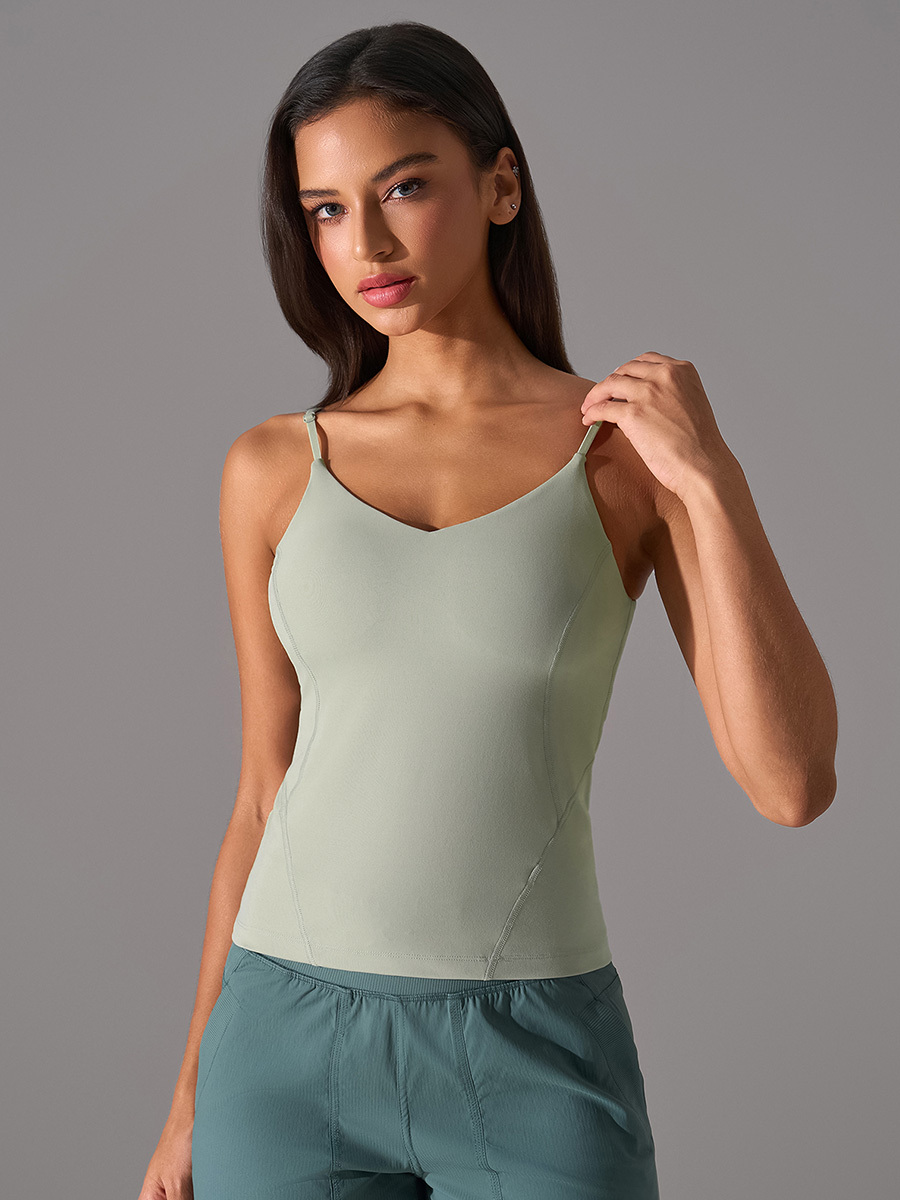 Women's Light Green V-Neck Camisole Tank Top - Slim Fit Yoga & Workout Shirt for Fitness