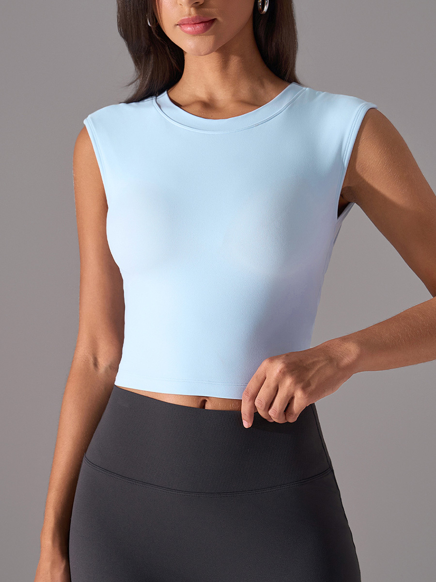 Women's Light Blue Sleeveless Crop Top - Slim Fit Workout Shirt for Yoga & Fitness