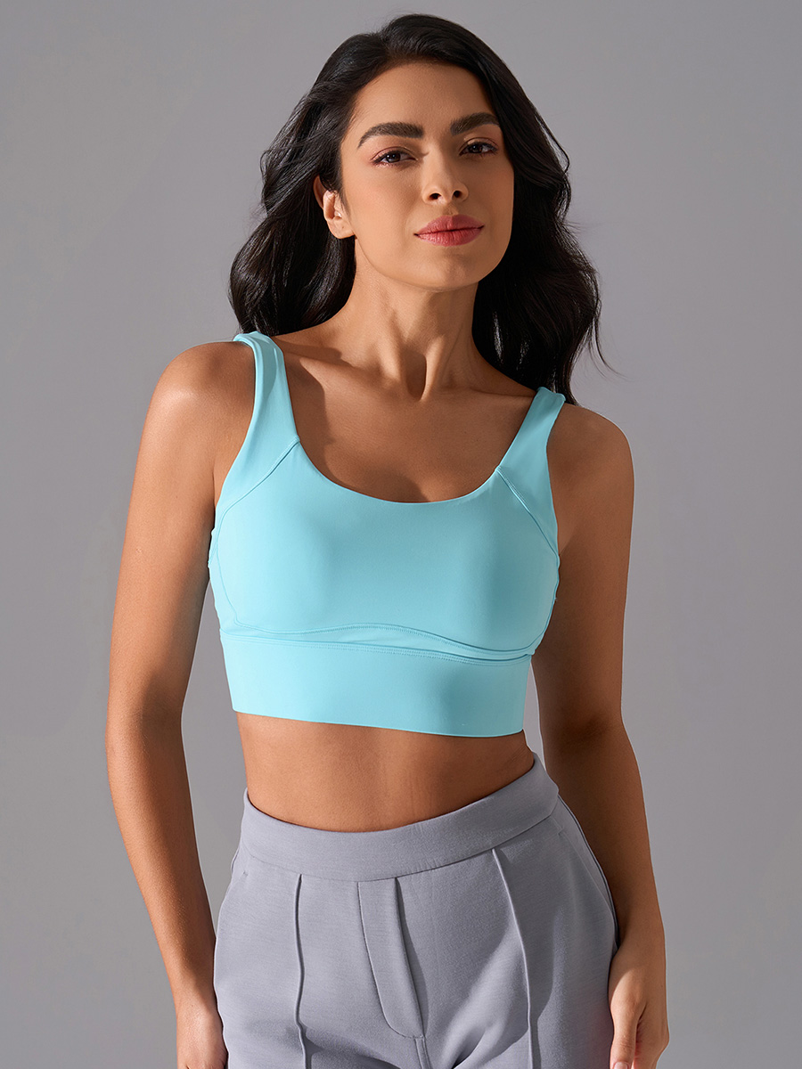Women's Light Blue Square Neck Sleeveless Sports Bra, Medium Support Yoga Activewear