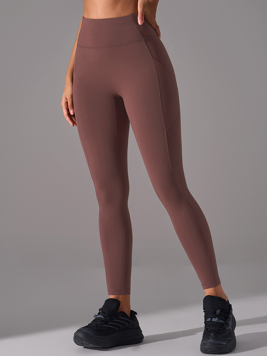 Women's Brown High-Waisted Tight Yoga Leggings, Workout Athletic Pants with Pockets