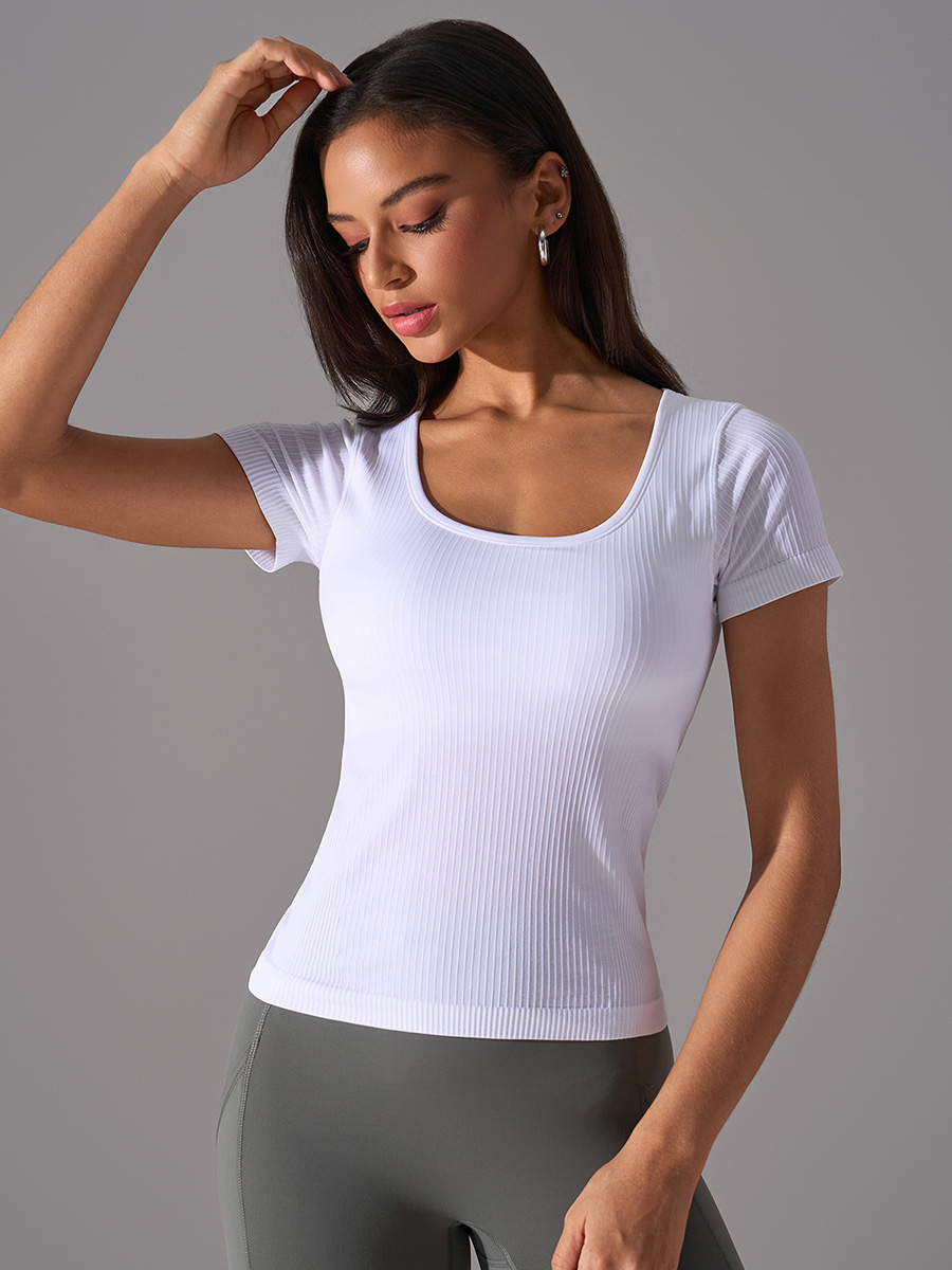 Women's White Ribbed Square Neck Short Sleeve Workout Top, Form - Fitting Athletic Shirt