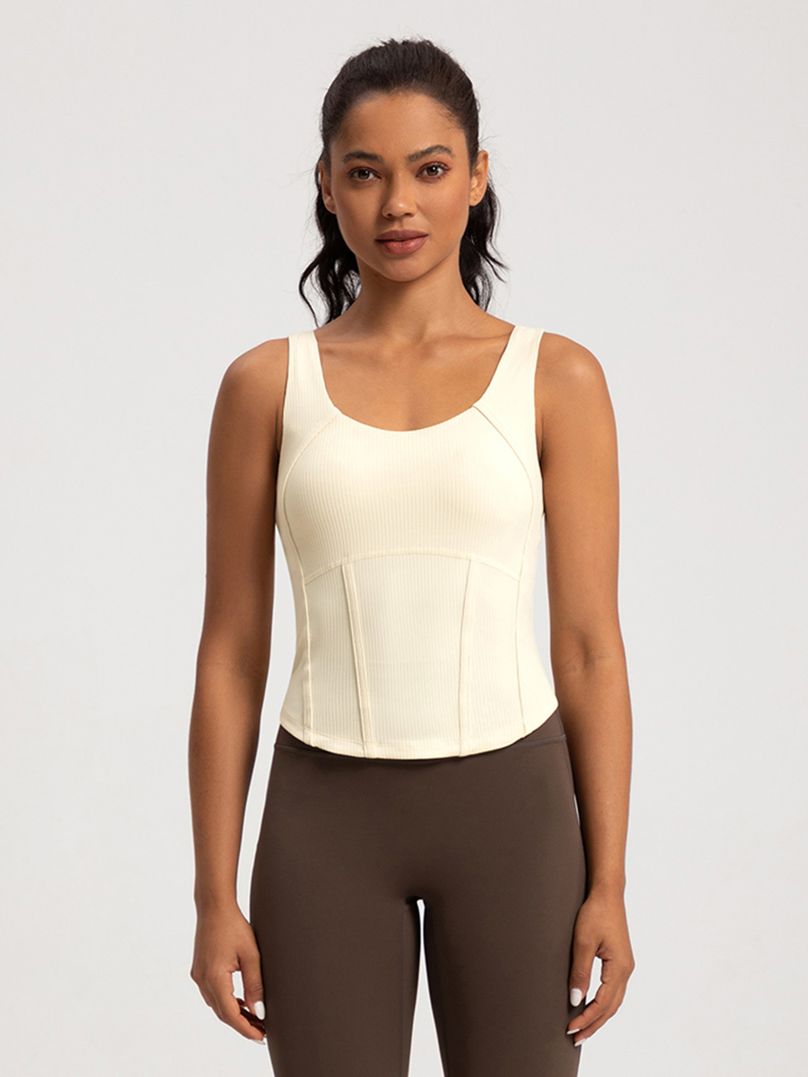 Women's Ribbed Corset - Style Workout Tank Top, Khaki Athletic Vest for Yoga & Fitness