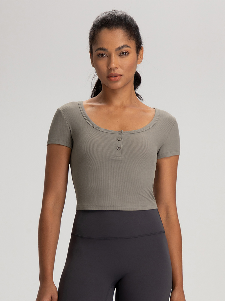 Women's Ribbed Crop Top - Square Neck Short Sleeve Button-Down Workout Shirt