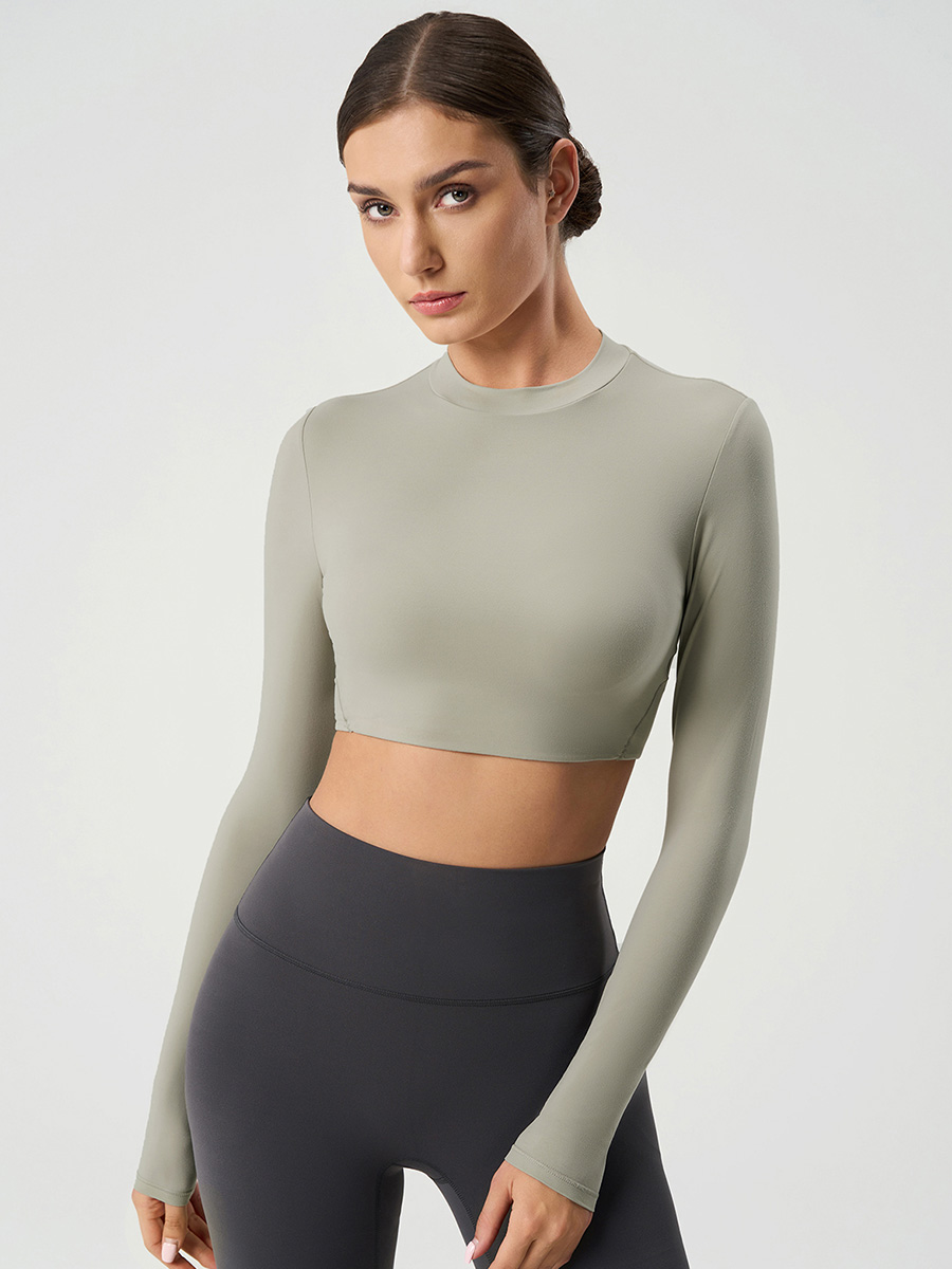 Women's Long Sleeve Crop Top, High Neck Workout Shirts, Slim Fit Athletic Yoga Top for Gym Running Fitness 