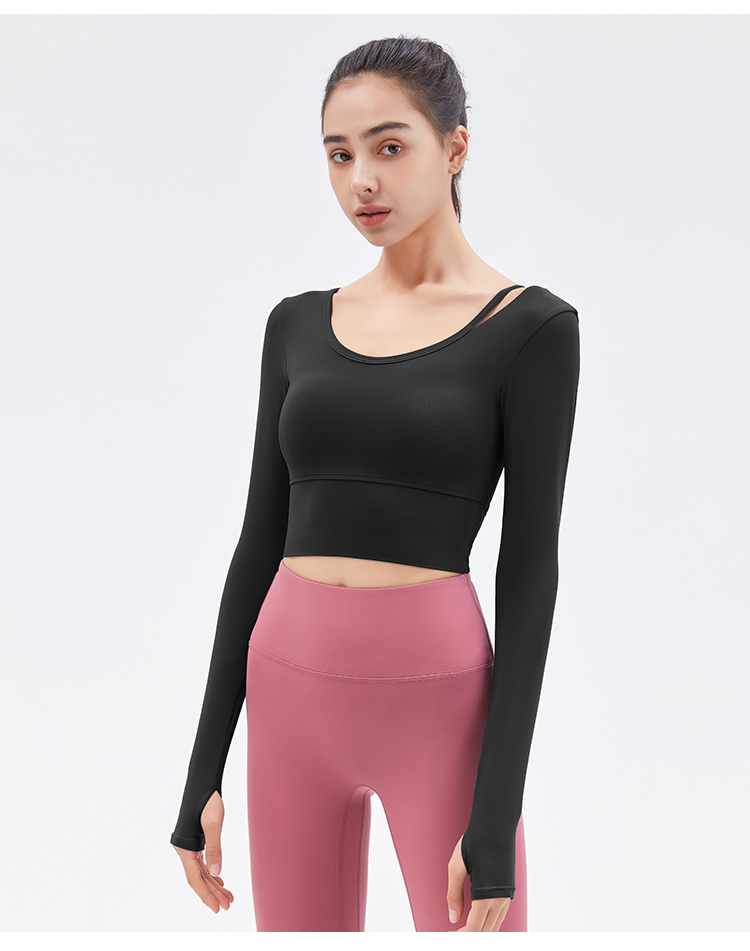 Women's Long Sleeve Yoga Crop Top - Asymmetrical Shoulder Strap Design - Light Brown - Perfect for Yoga and Workouts