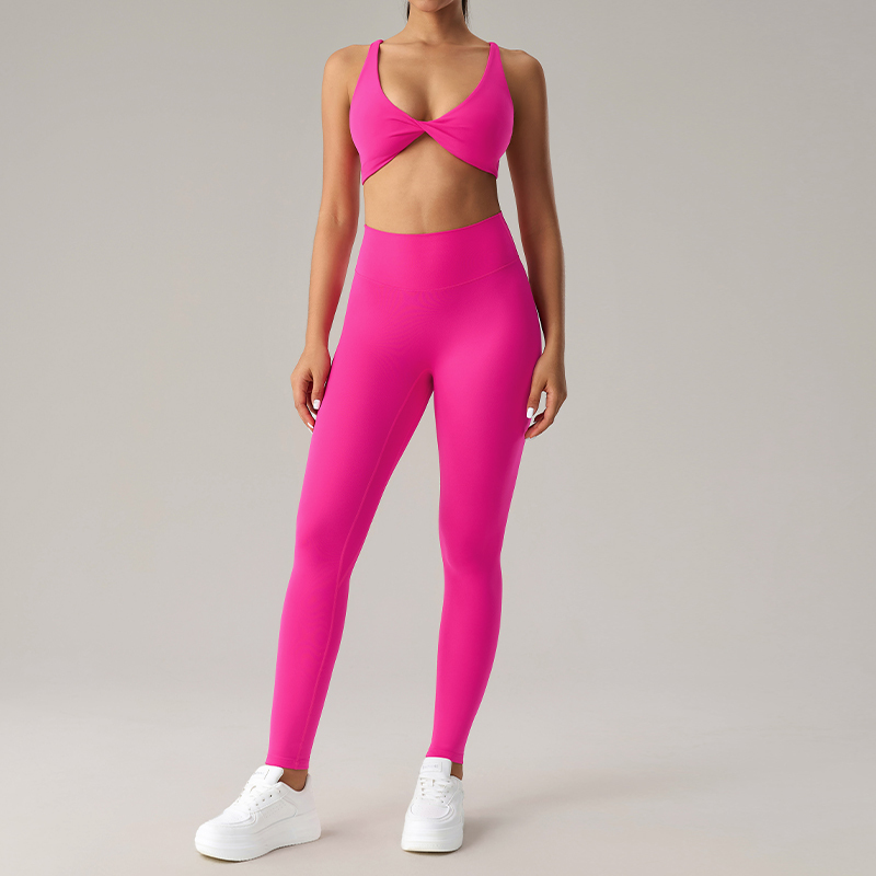 Women's Twist - Front Sports Bra and Leggings Set - Dragon Fruit Pink Activewear