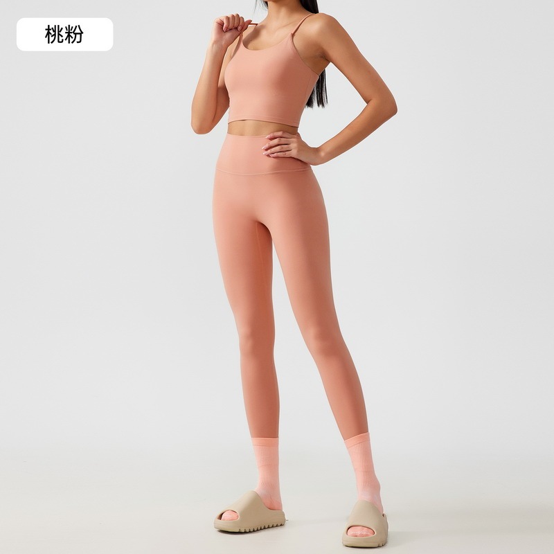 Women's Seamless Yoga Outfit Set - Spaghetti Strap Crop Top & High - Waisted Biker Shorts for Workout, Running, Fitness - Brown 