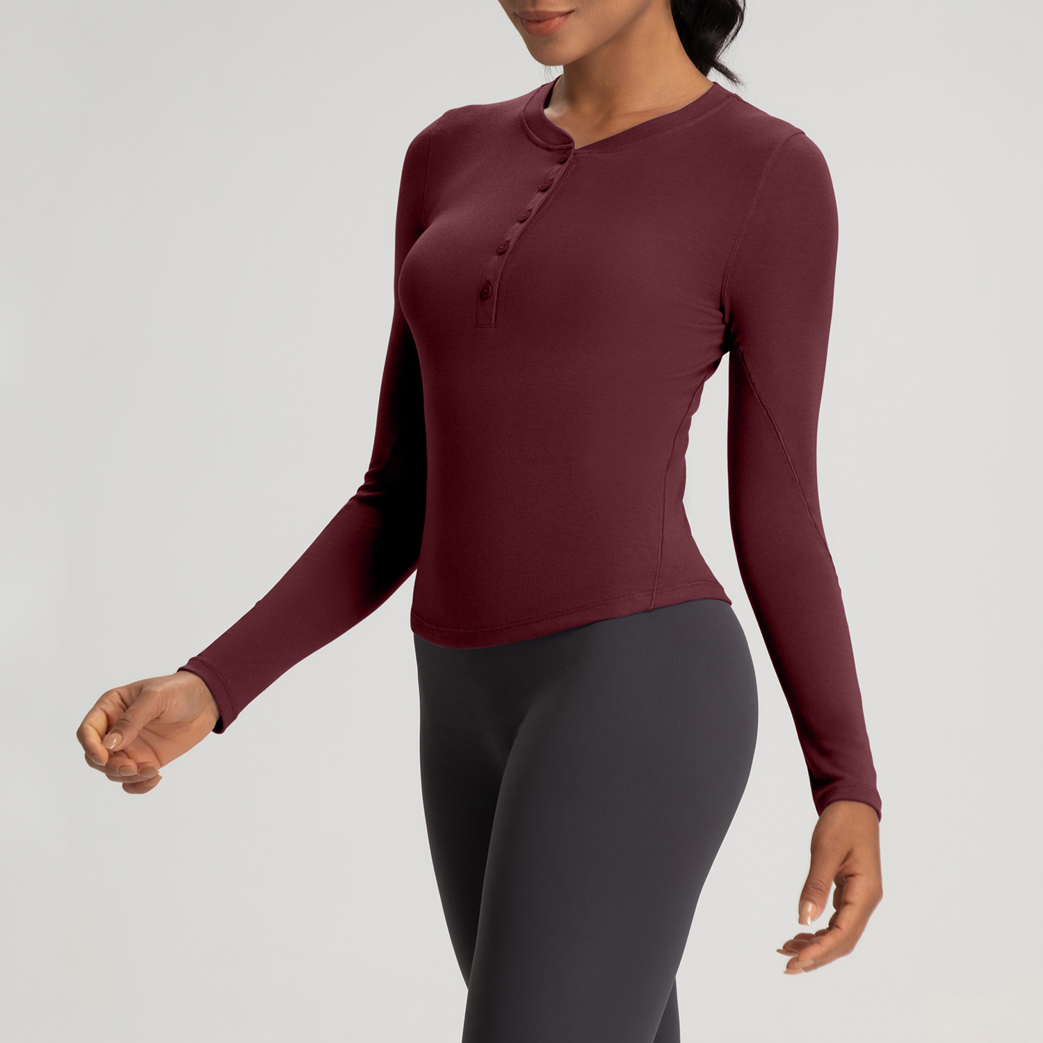 Women's Long - Sleeve Henley Neck Yoga Top, Slim Fit Athletic Workout Shirt