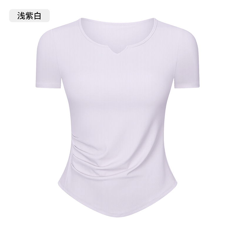 Women's Short Sleeve Notch Neck Yoga Top, Ribbed Slim Fit Workout Shirt for Gym, Pilates and Casual Wear