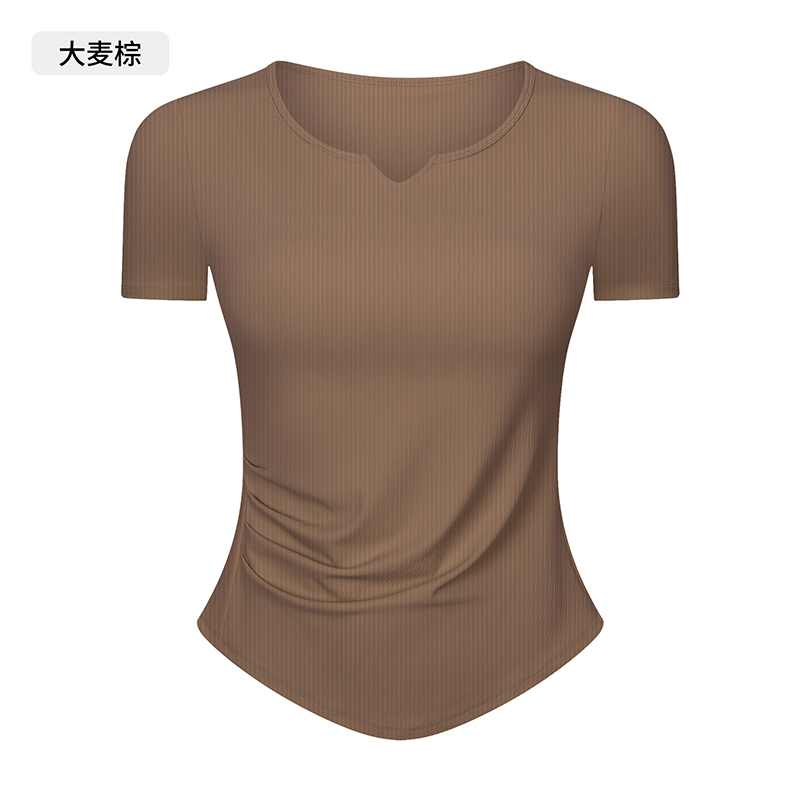 Women's Short Sleeve Notch Neck Yoga Top, Ribbed Slim Fit Workout Shirt for Gym, Pilates and Casual Wear