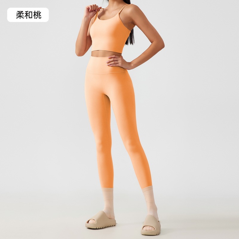 Women's Seamless Yoga Outfit Set - Spaghetti Strap Crop Top & High - Waisted Biker Shorts for Workout, Running, Fitness - Brown 