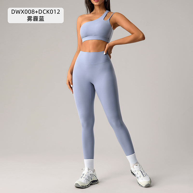 Women's One - Shoulder Sports Bra and Leggings Set - Light Blue Activewear for Yoga, Fitness