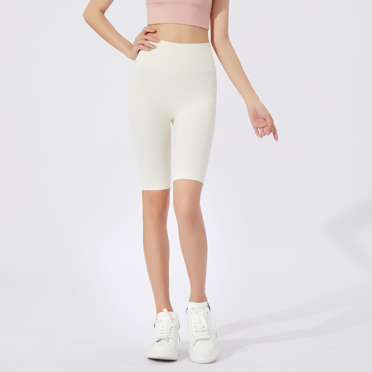 Women's Beige High - Waisted Biker Shorts, Yoga & Workout