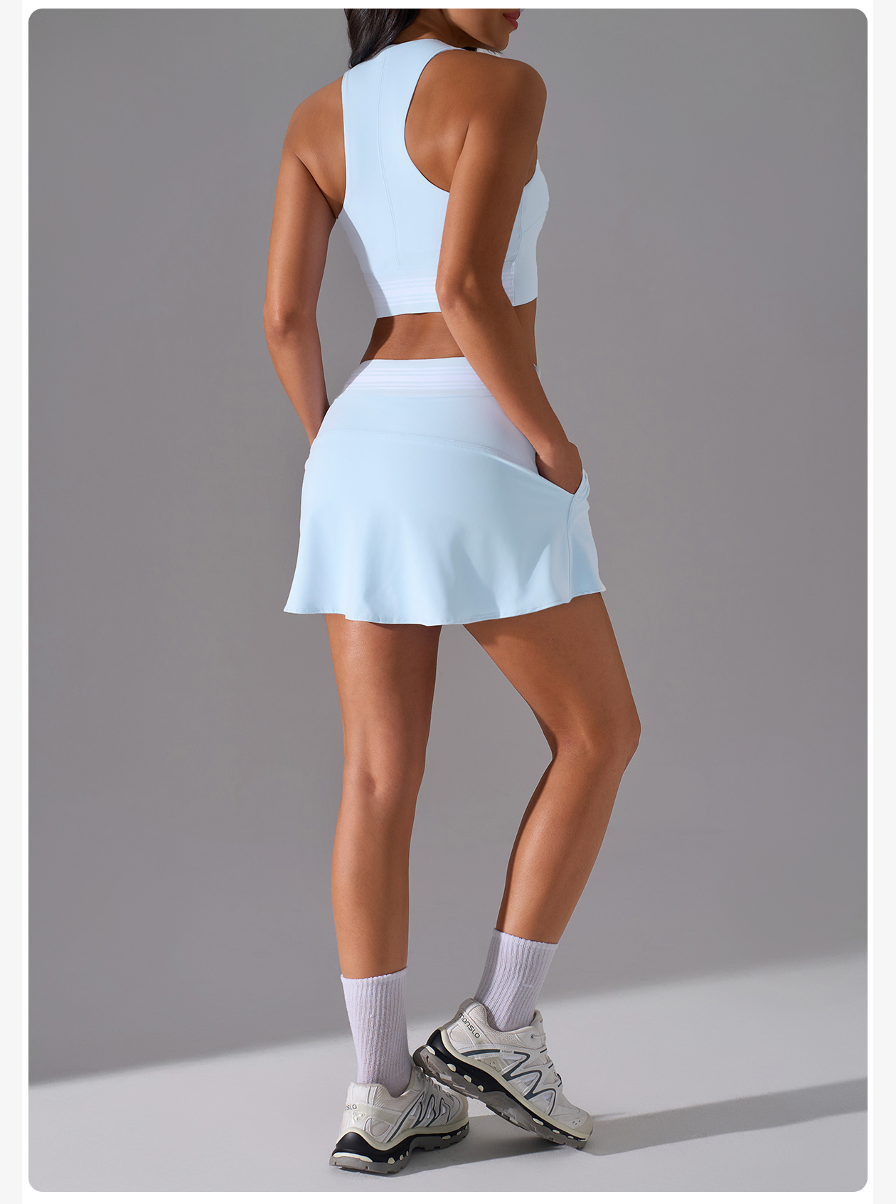 Women's Light Blue Sleeveless Crop Top & Skirt Set, Athletic Wear