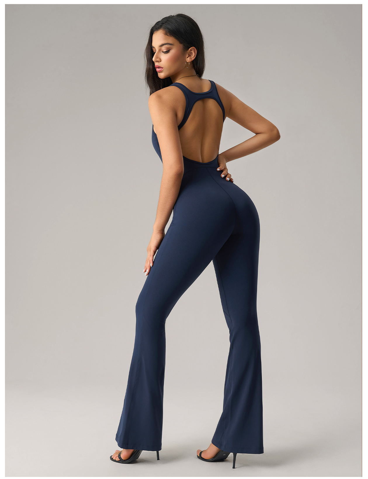 Women's Brown Open - Back Sleeveless Flare Jumpsuit, Yoga & Workout