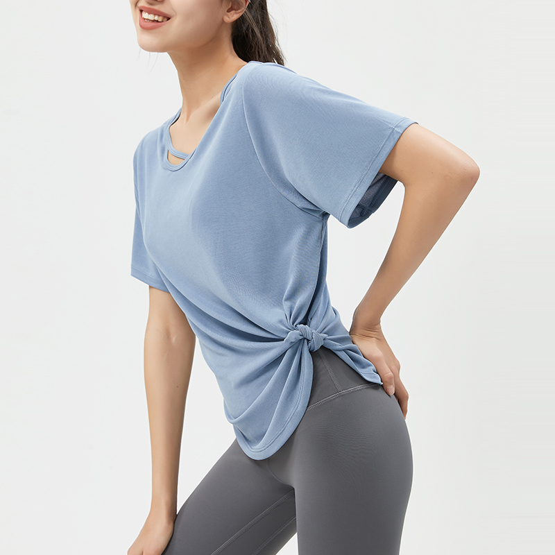 Women's Light Blue Short - Sleeve Top with Crossover Neckline, Loose - Fit Yoga & Workout Shirt