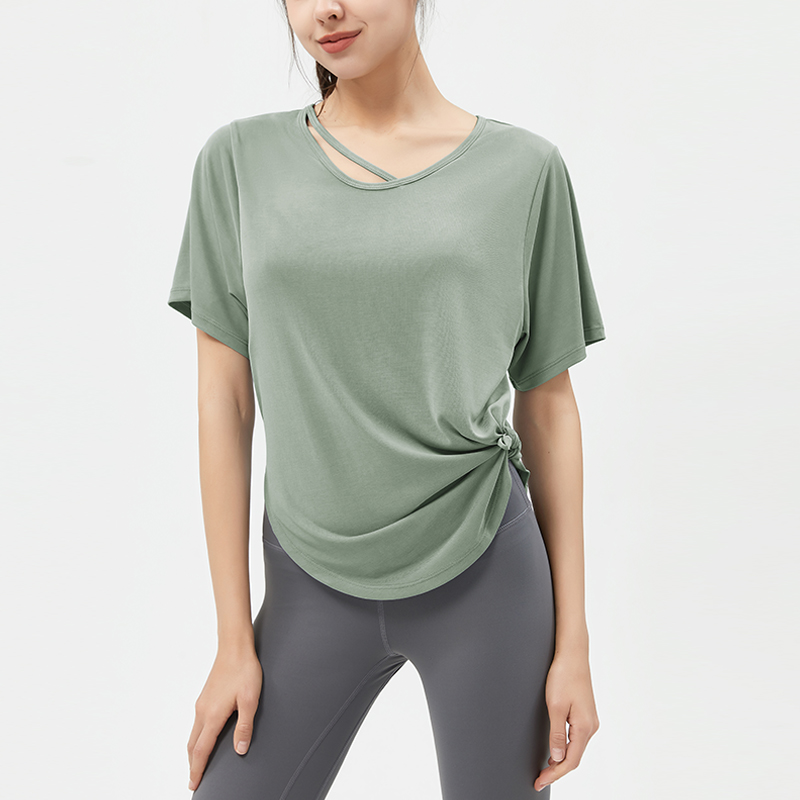 Women's Light Blue Short - Sleeve Top with Crossover Neckline, Loose - Fit Yoga & Workout Shirt