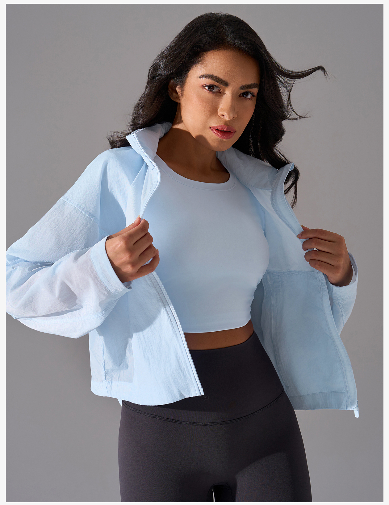 Women's Light Blue Cropped Windbreaker Jacket - Loose Fit, Sporty Style
