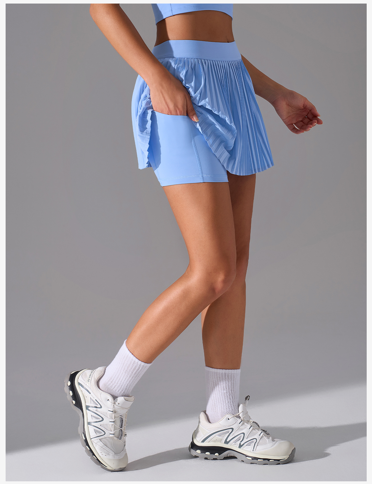 Women's Light Blue Pleated Tennis Skirt with Shorts Lining and Pockets