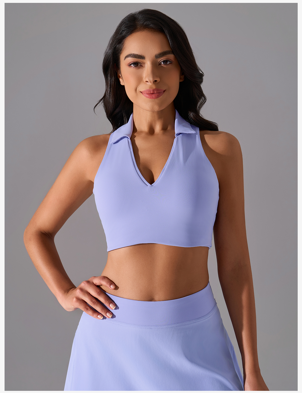 Women's Light Purple Polo Neck Sleeveless Sports Bra, Crop Top for Yoga & Golf