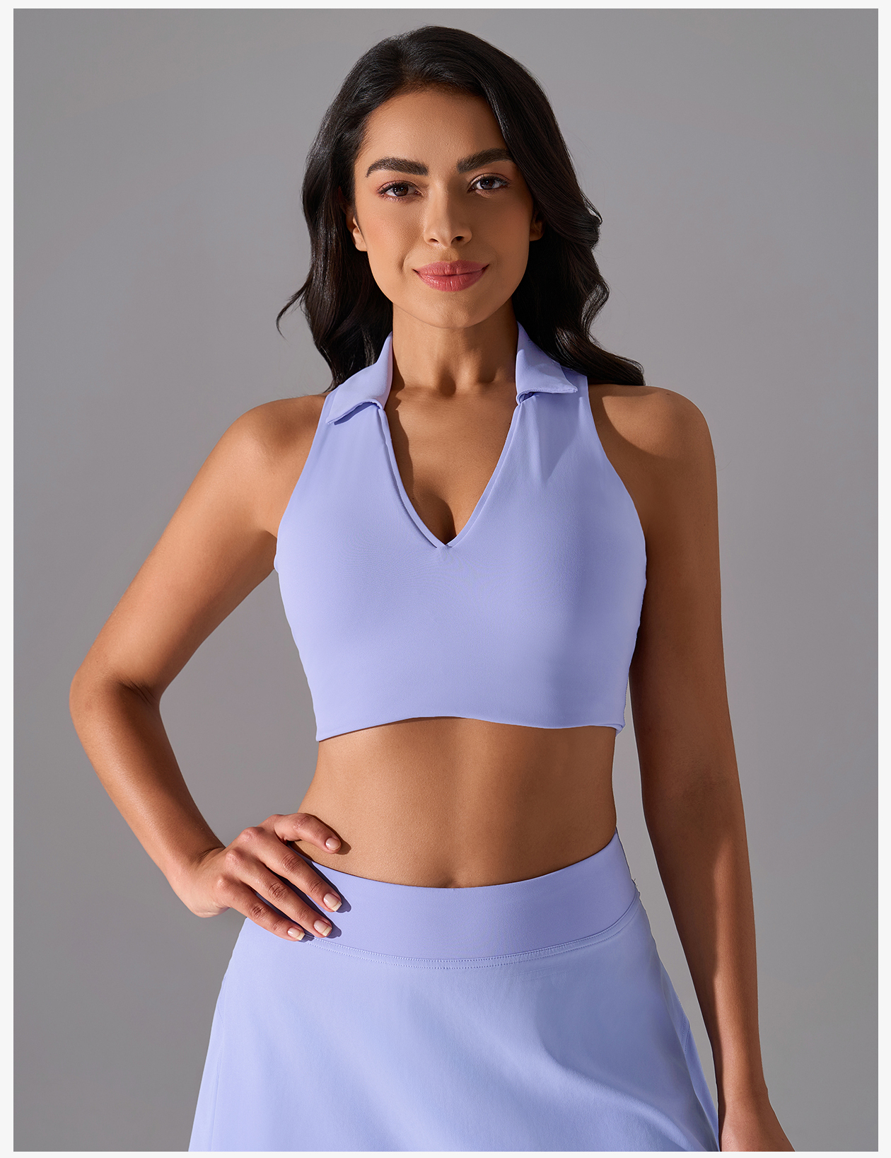 Women's Light Purple Polo Neck Sleeveless Sports Bra, Crop Top for Yoga & Golf