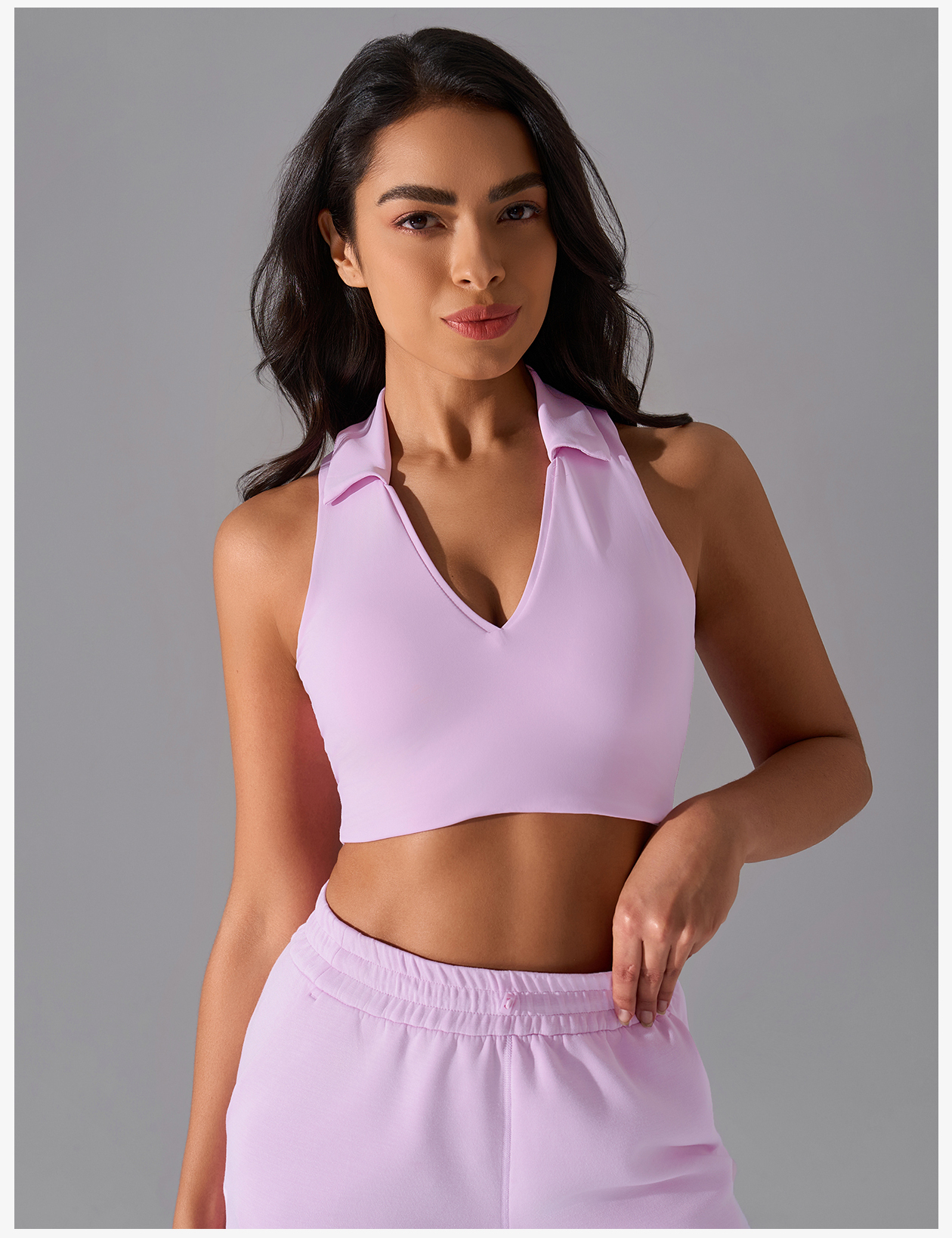 Women's Light Purple Polo Neck Sleeveless Sports Bra, Crop Top for Yoga & Golf