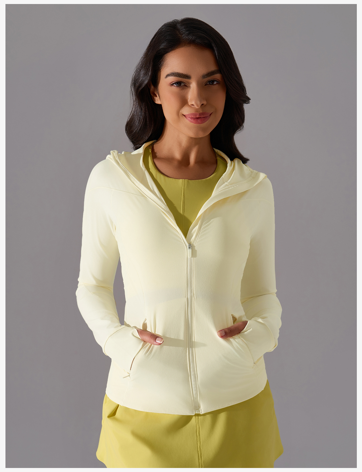 Women's Light Green Hooded Sports Jacket - Full Zip, Slim Fit