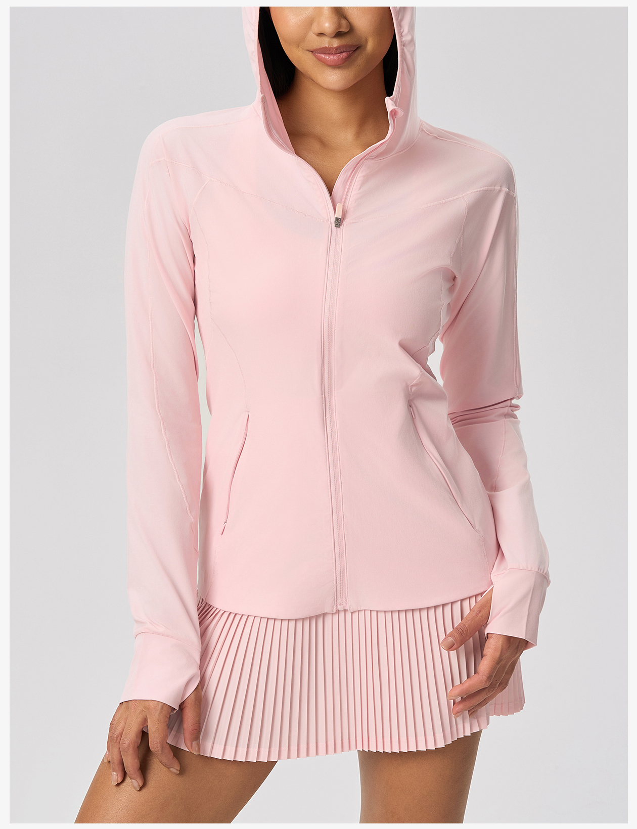 Women's Light Green Hooded Sports Jacket - Full Zip, Slim Fit