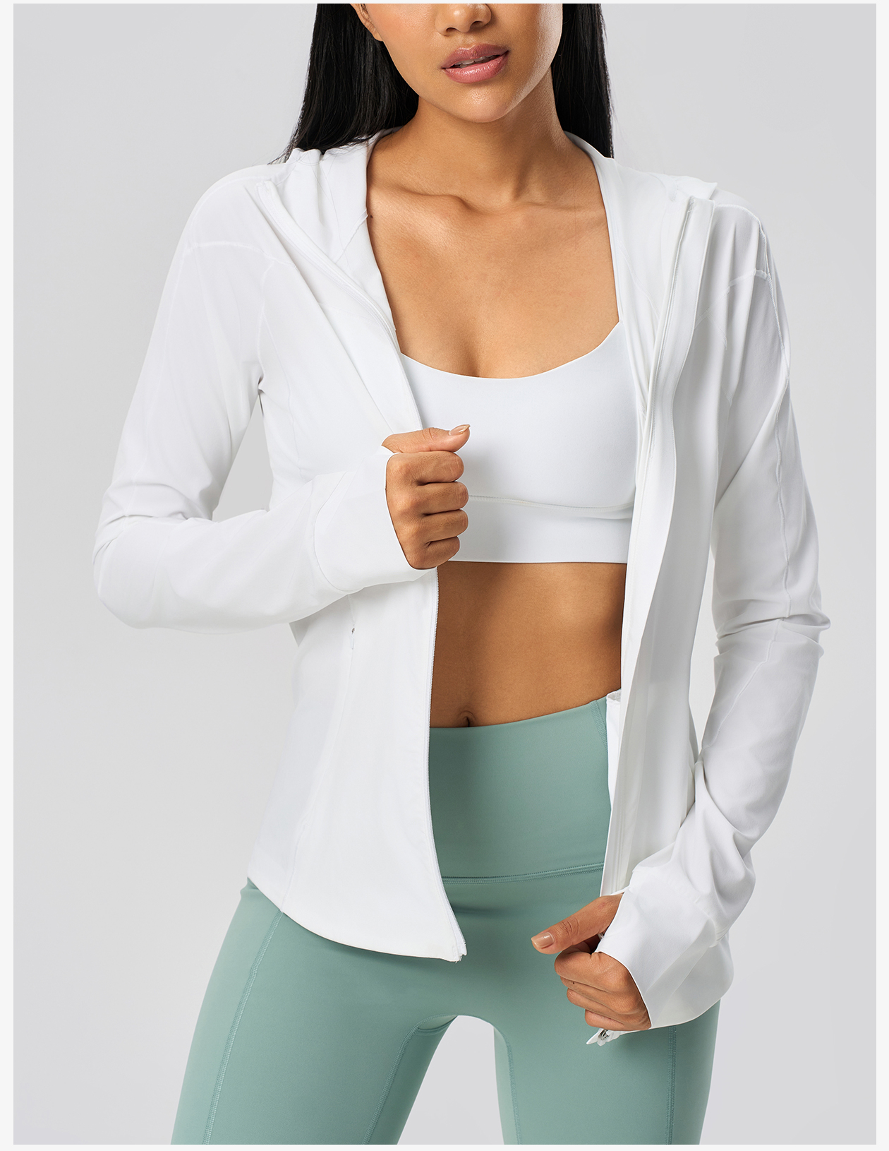 Women's Light Green Hooded Sports Jacket - Full Zip, Slim Fit