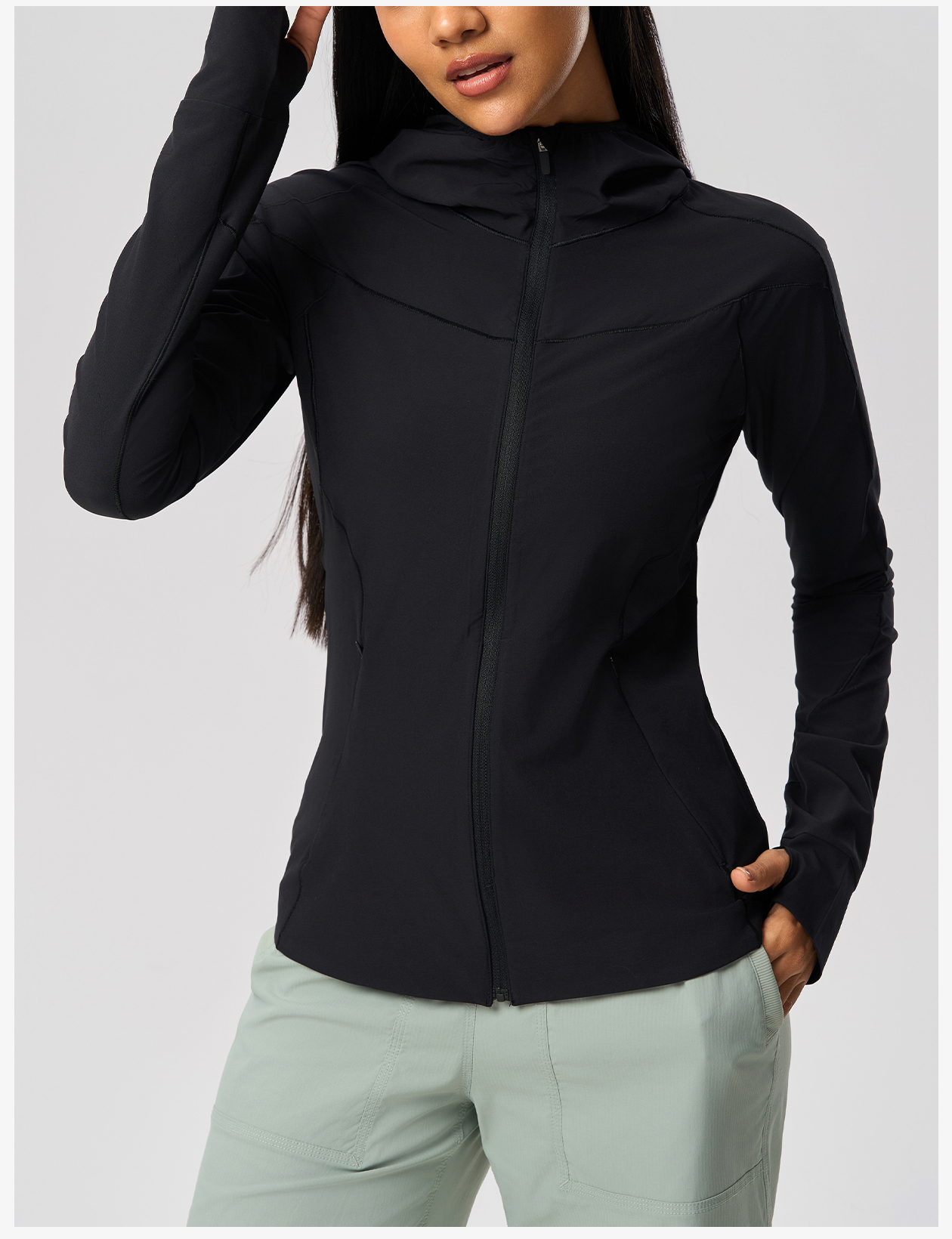 Women's Light Green Hooded Sports Jacket - Full Zip, Slim Fit