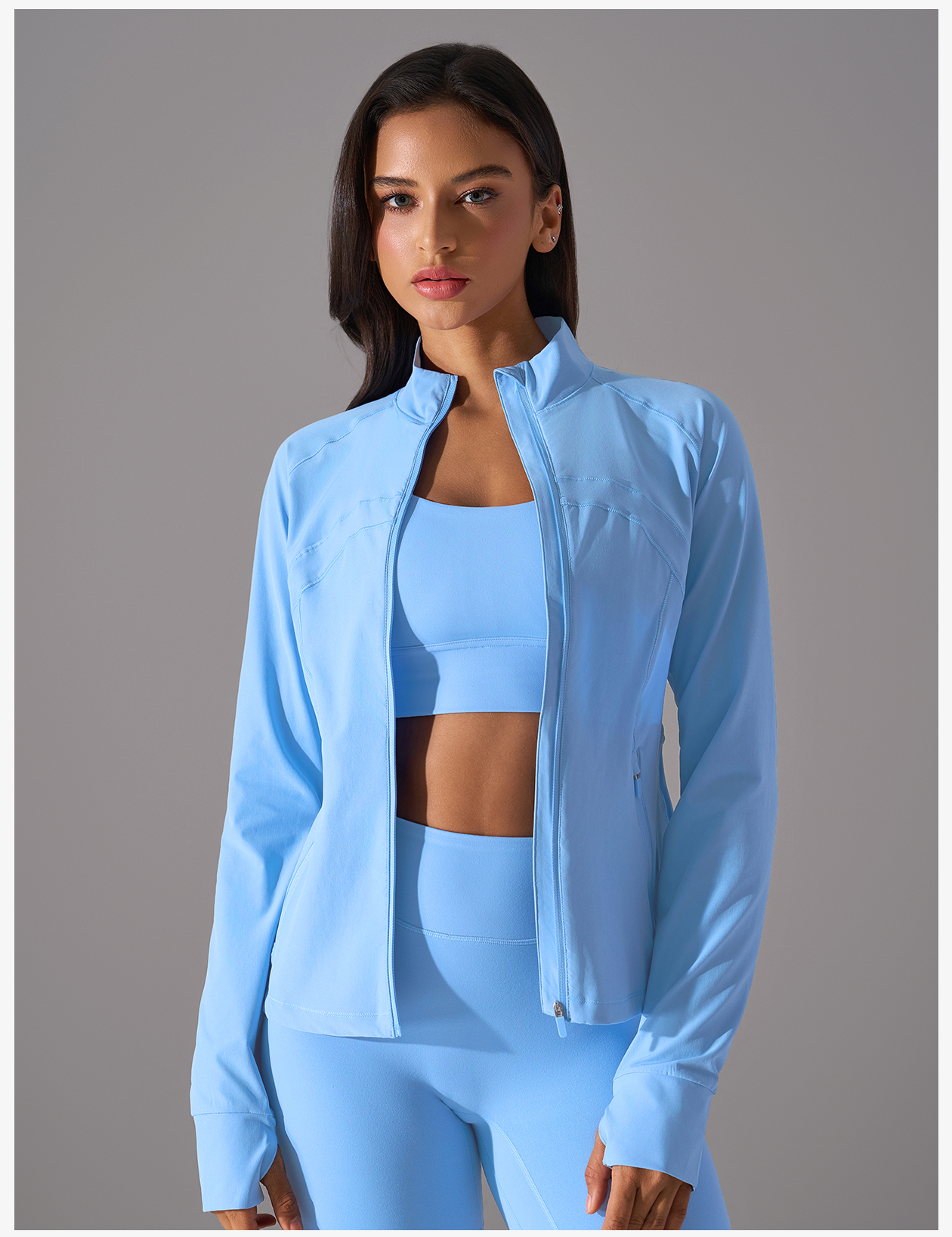 Light Yellow Women's Athletic Jacket with Stand - Up Collar and Thumb Holes