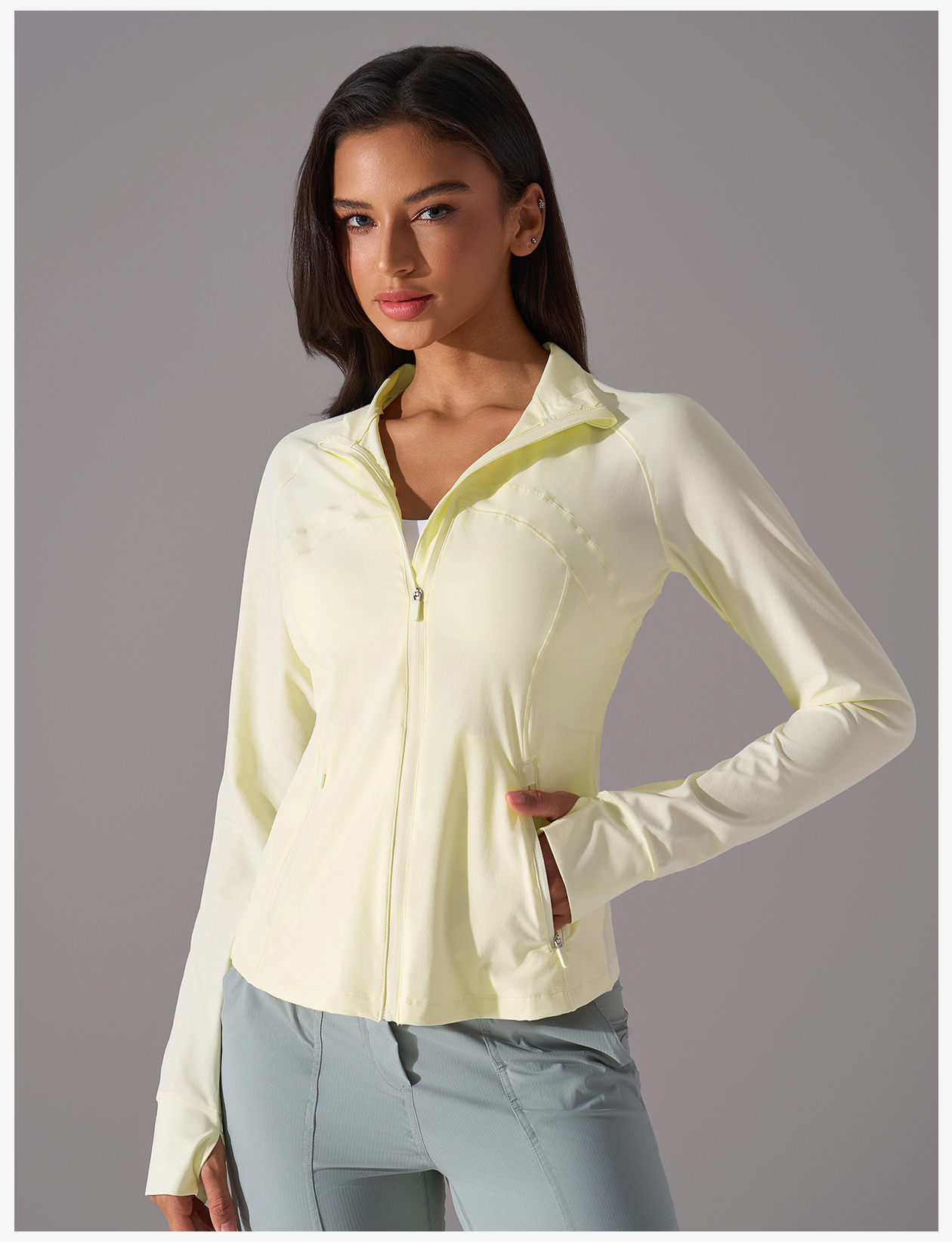 Light Yellow Women's Athletic Jacket with Stand - Up Collar and Thumb Holes