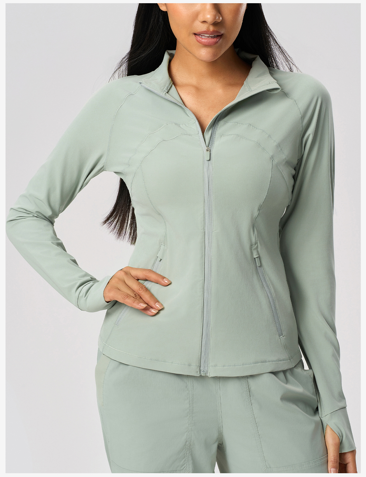 Light Yellow Women's Athletic Jacket with Stand - Up Collar and Thumb Holes