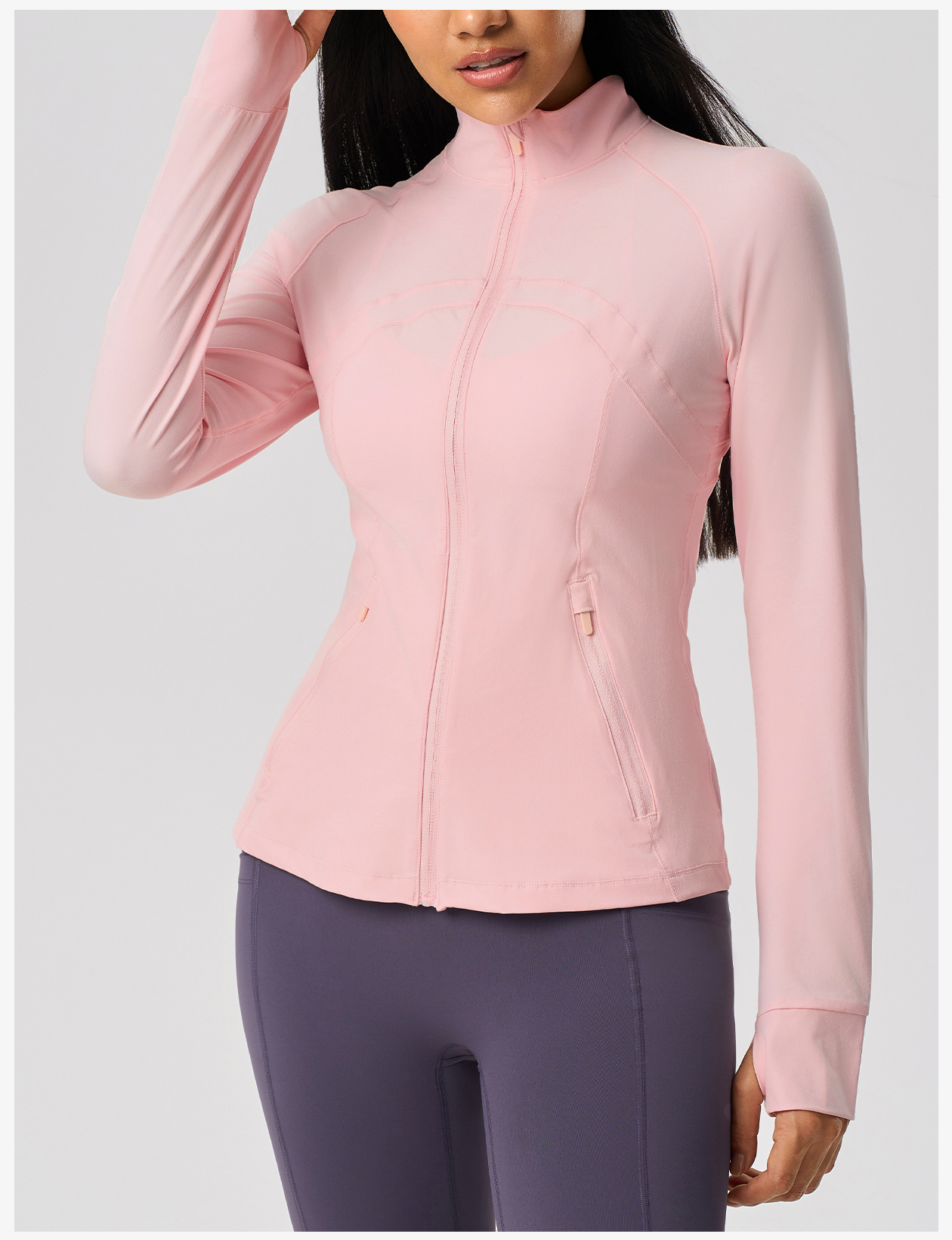 Light Yellow Women's Athletic Jacket with Stand - Up Collar and Thumb Holes