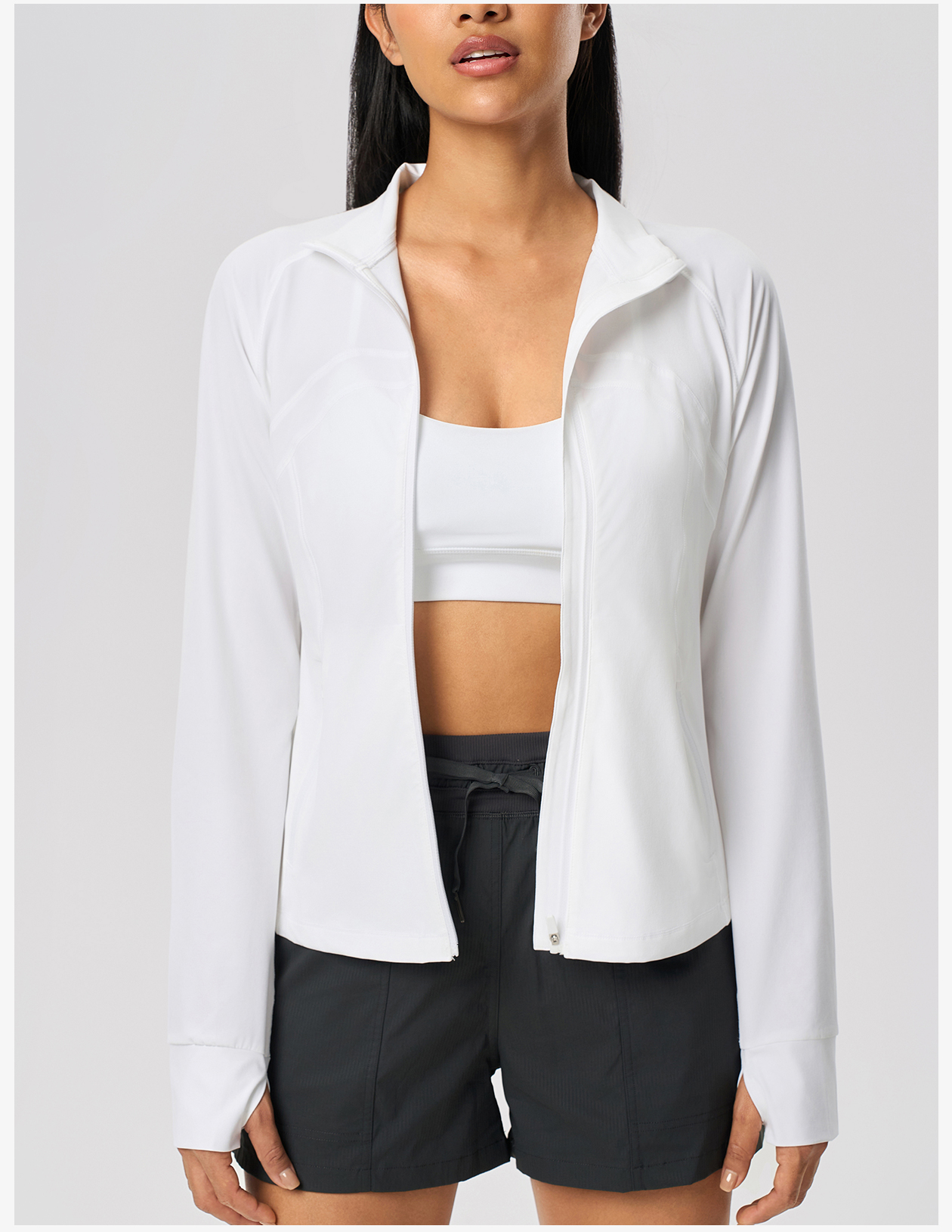 Light Yellow Women's Athletic Jacket with Stand - Up Collar and Thumb Holes