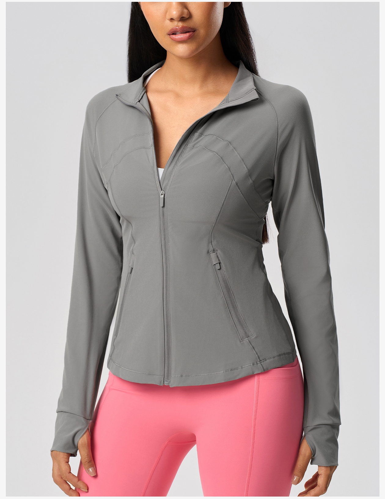 Light Yellow Women's Athletic Jacket with Stand - Up Collar and Thumb Holes