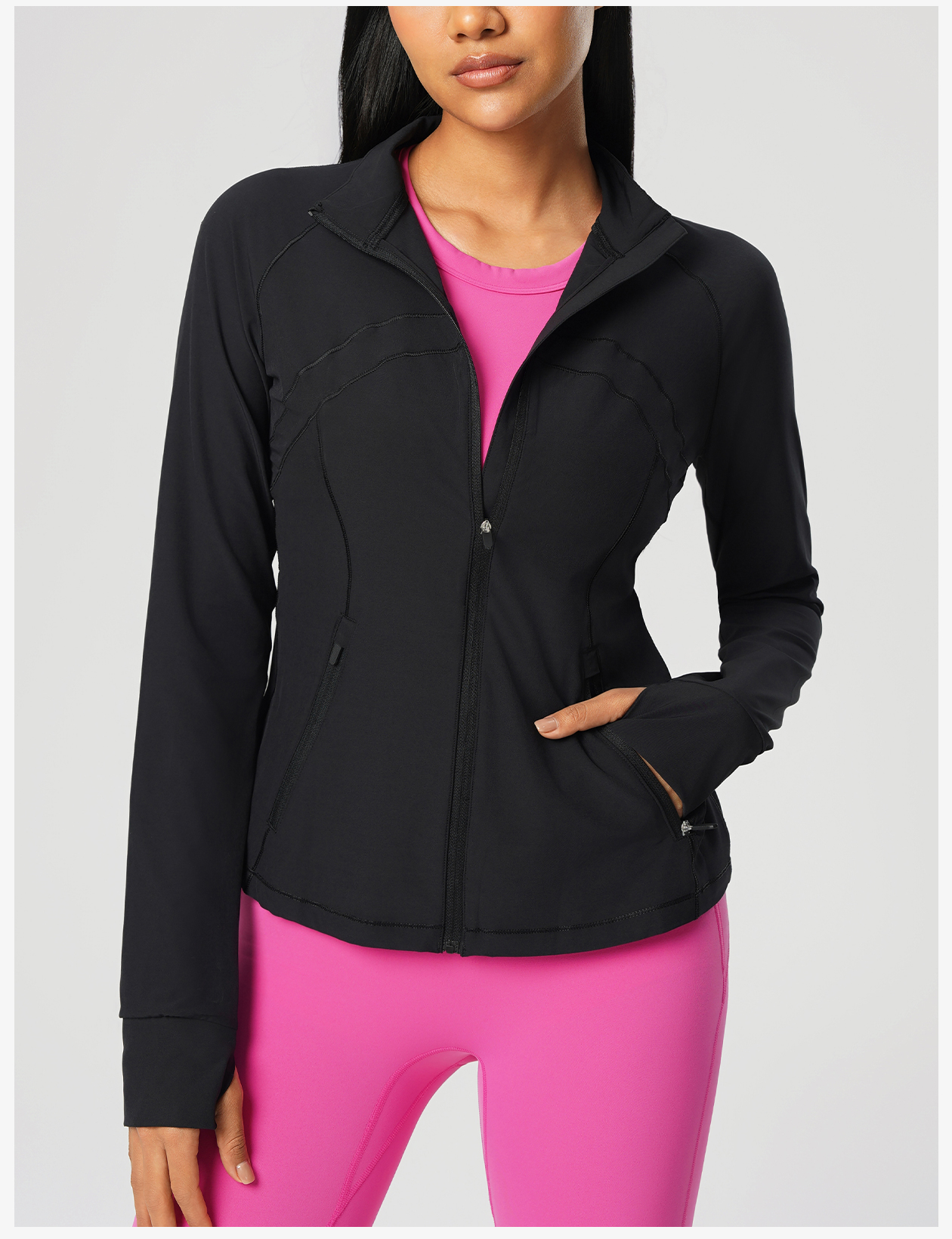 Light Yellow Women's Athletic Jacket with Stand - Up Collar and Thumb Holes