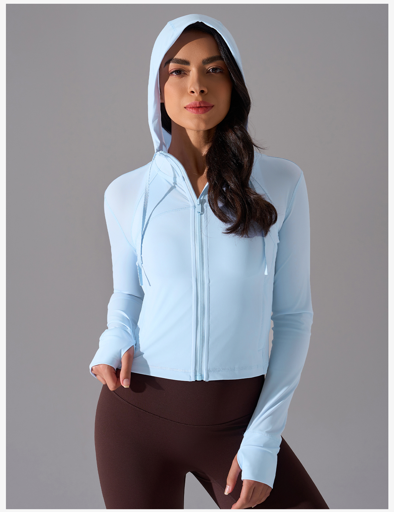 Women's Light Blue Hooded Zip - Up Crop Jacket, Lightweight Athletic Running Coat