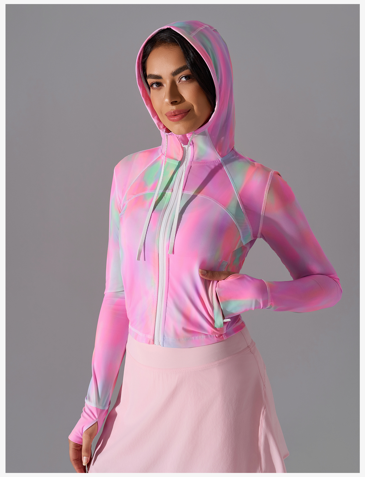 Women's Light Blue Hooded Zip - Up Crop Jacket, Lightweight Athletic Running Coat