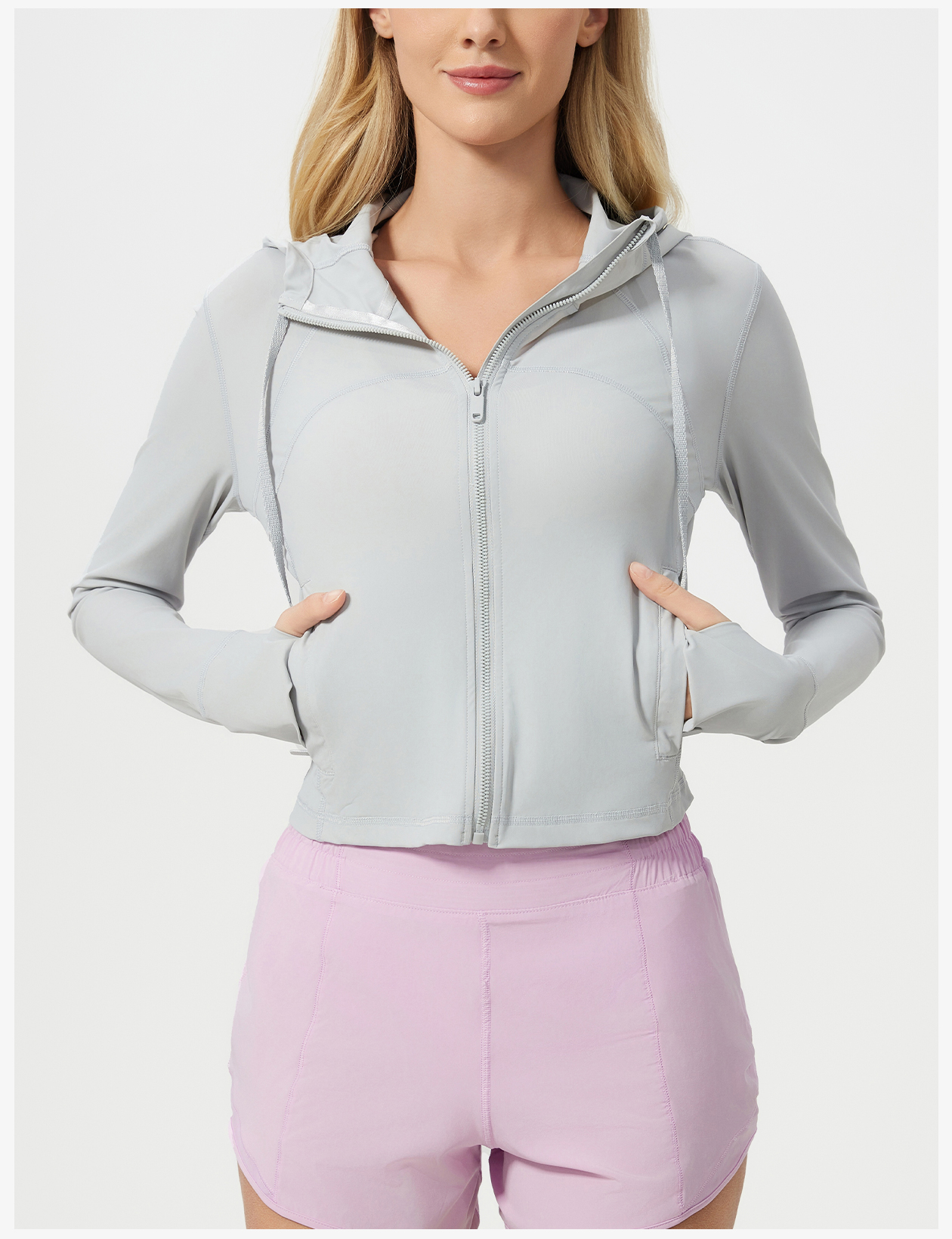 Women's Light Blue Hooded Zip - Up Crop Jacket, Lightweight Athletic Running Coat