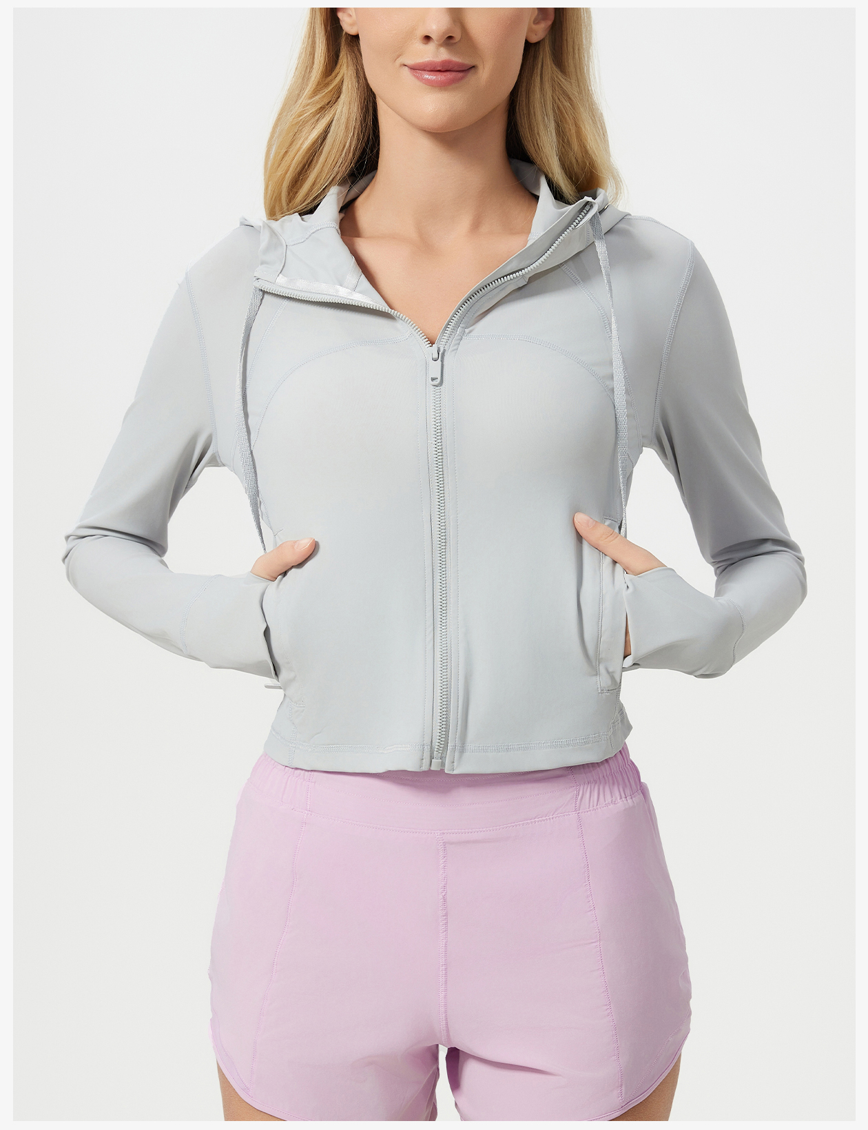 Women's Light Blue Hooded Zip - Up Crop Jacket, Lightweight Athletic Running Coat