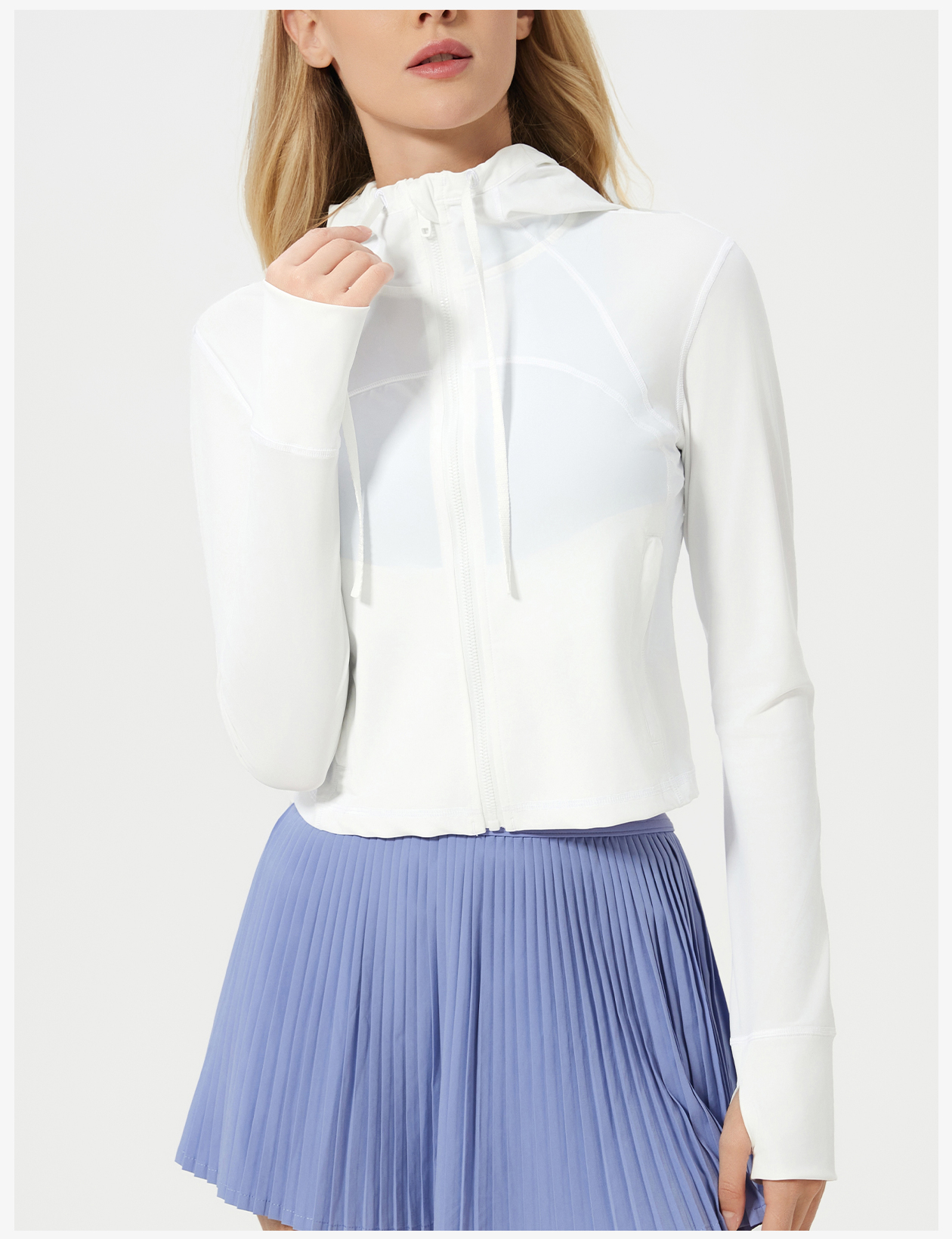 Women's Light Blue Hooded Zip - Up Crop Jacket, Lightweight Athletic Running Coat