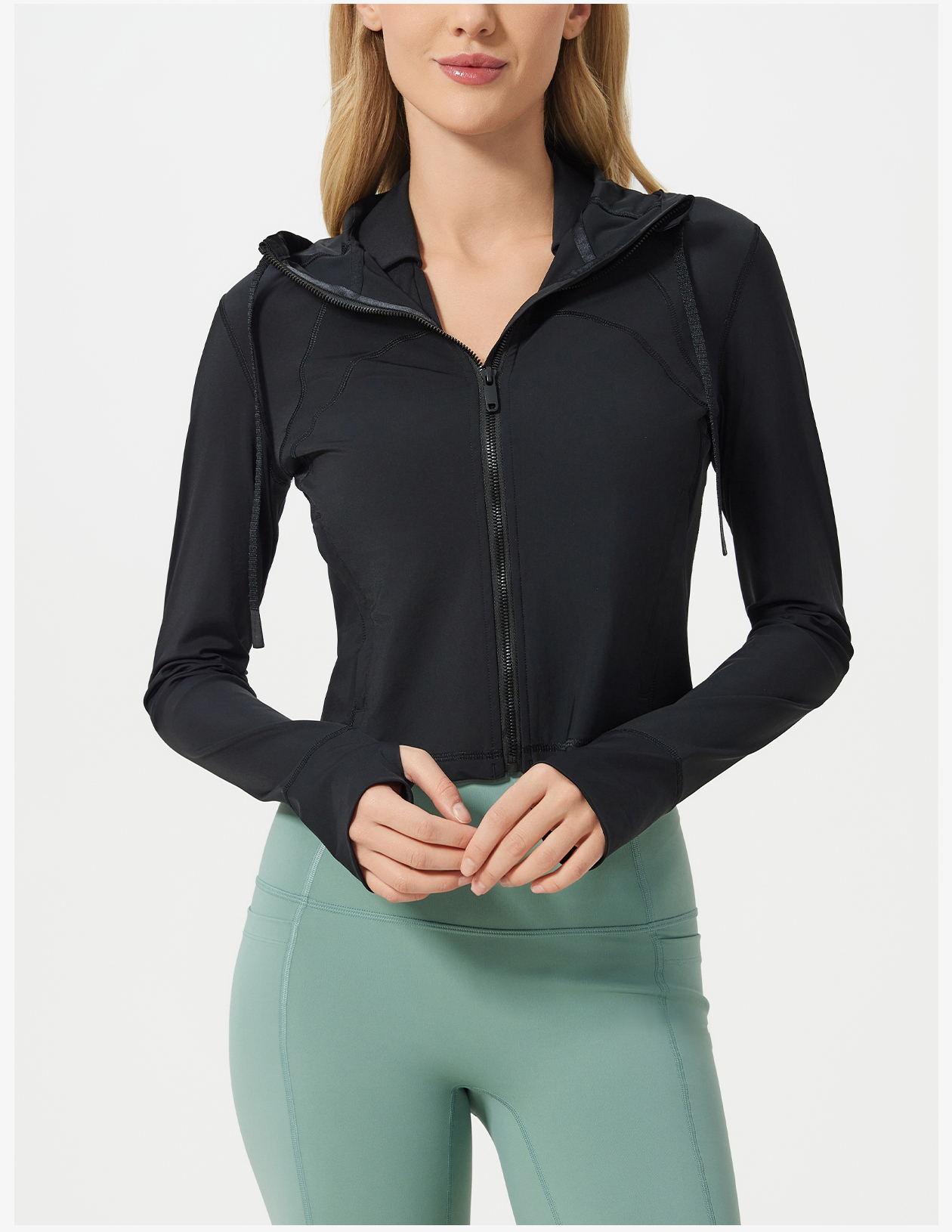 Women's Light Blue Hooded Zip - Up Crop Jacket, Lightweight Athletic Running Coat