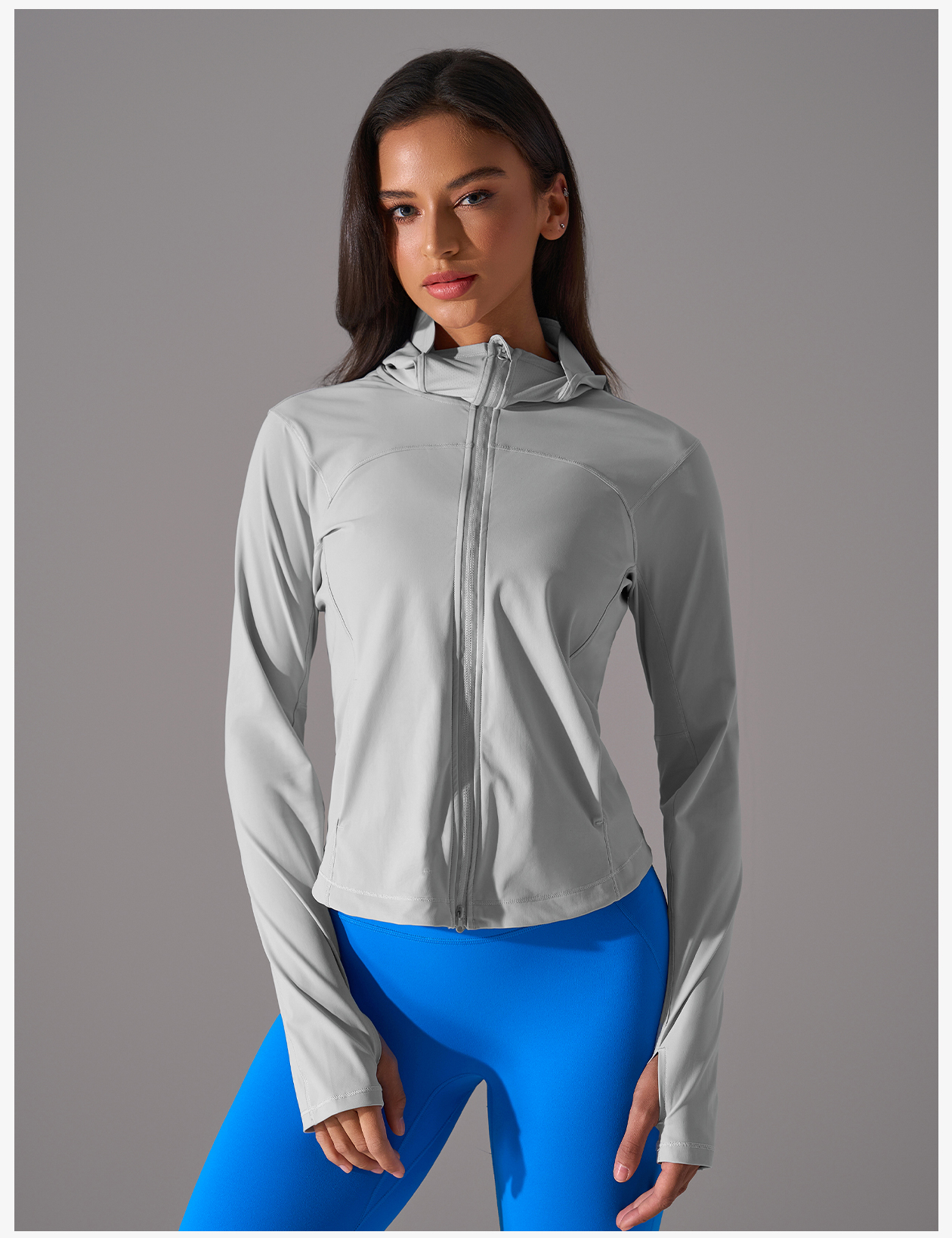 Women's Silver Gray Hooded Zip-Up Crop Jacket, Lightweight Athletic Running Coat