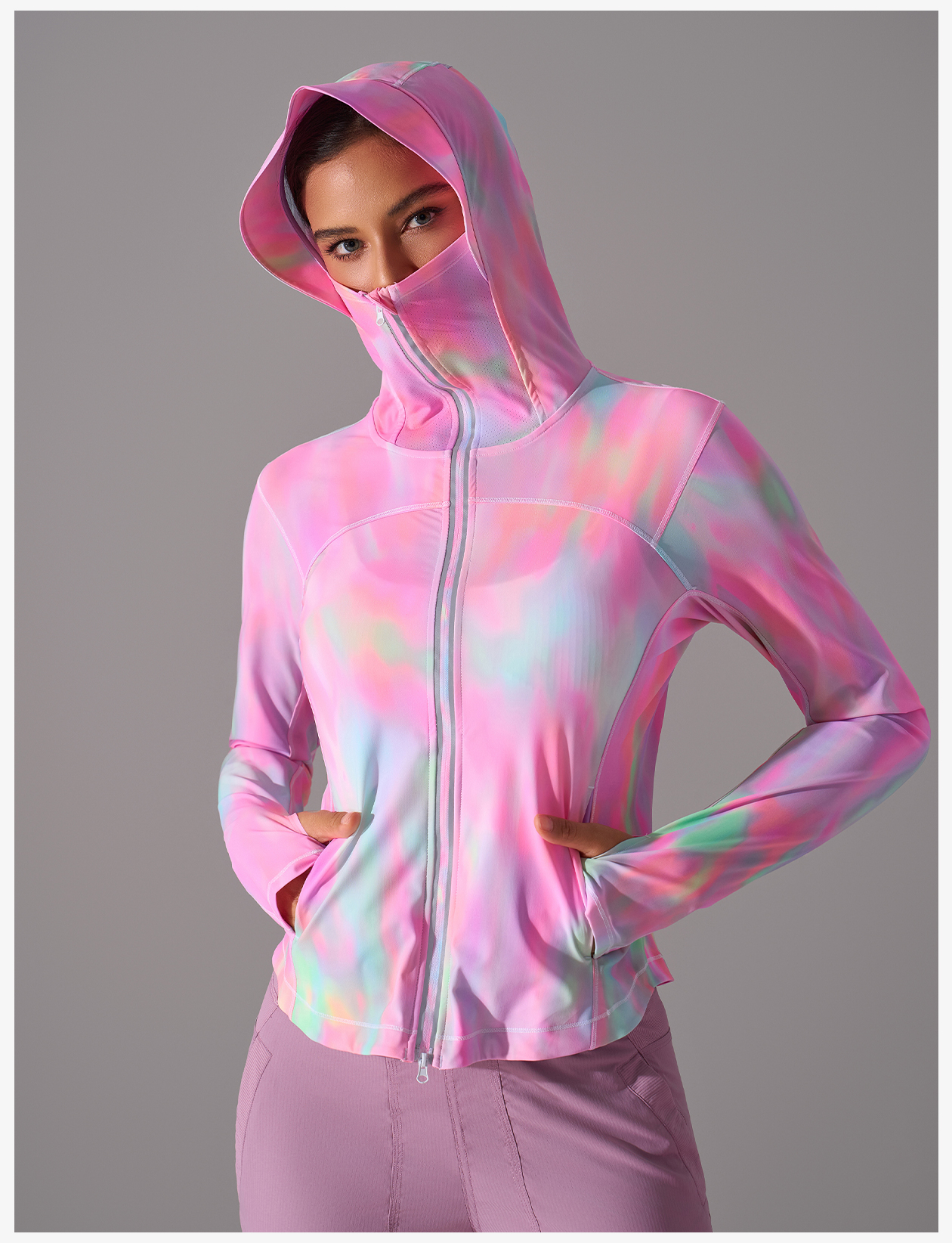 Women's Silver Gray Hooded Zip-Up Crop Jacket, Lightweight Athletic Running Coat