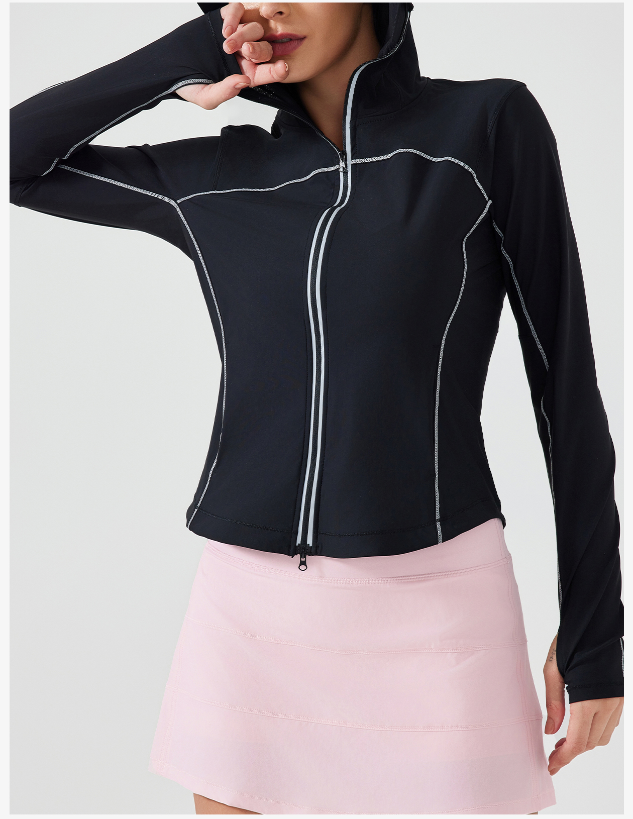 Women's Silver Gray Hooded Zip-Up Crop Jacket, Lightweight Athletic Running Coat