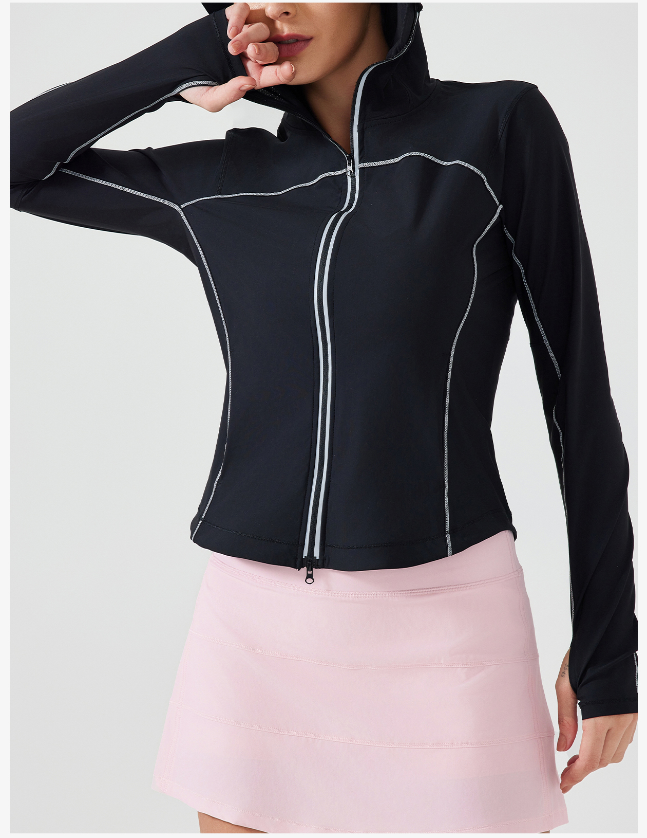 Women's Silver Gray Hooded Zip-Up Crop Jacket, Lightweight Athletic Running Coat