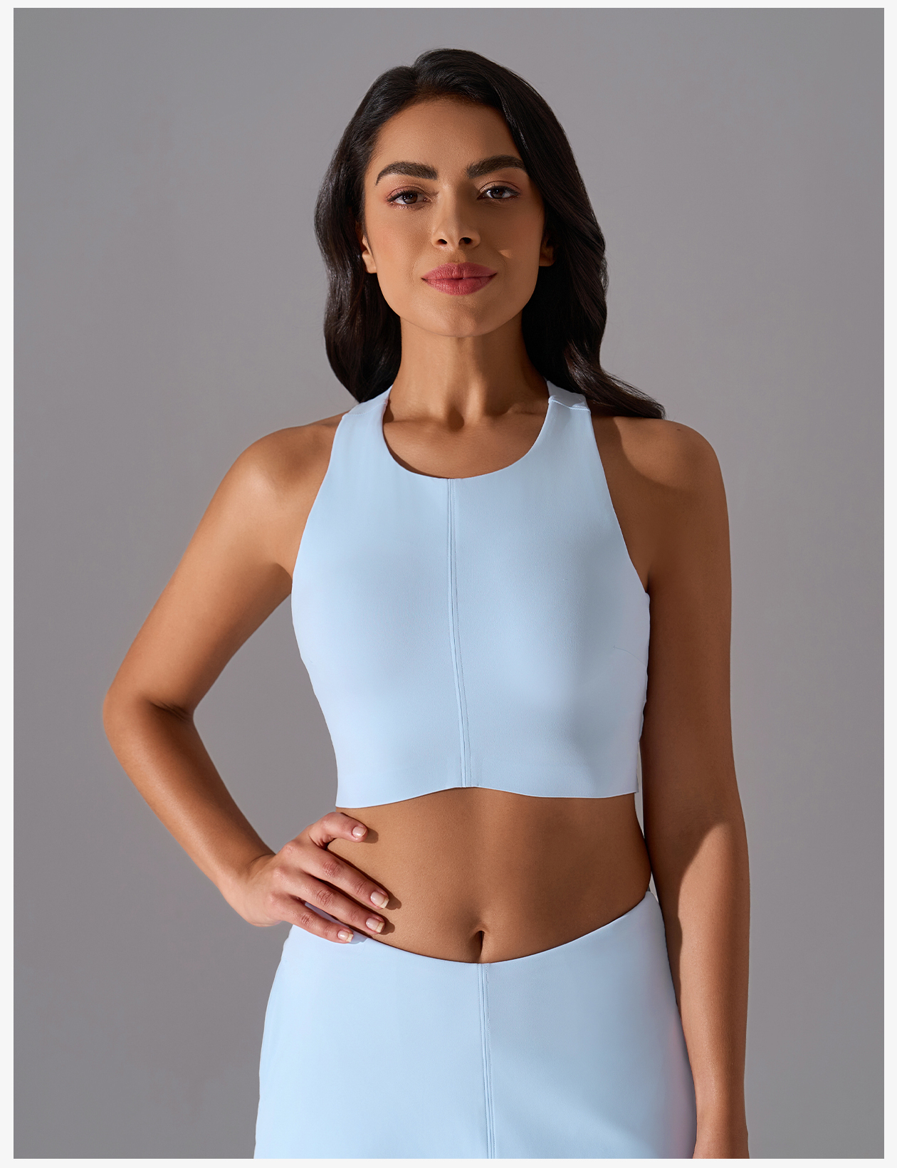 Women's Light Blue High - Neck Sleeveless Sports Bra, Crop Top Style