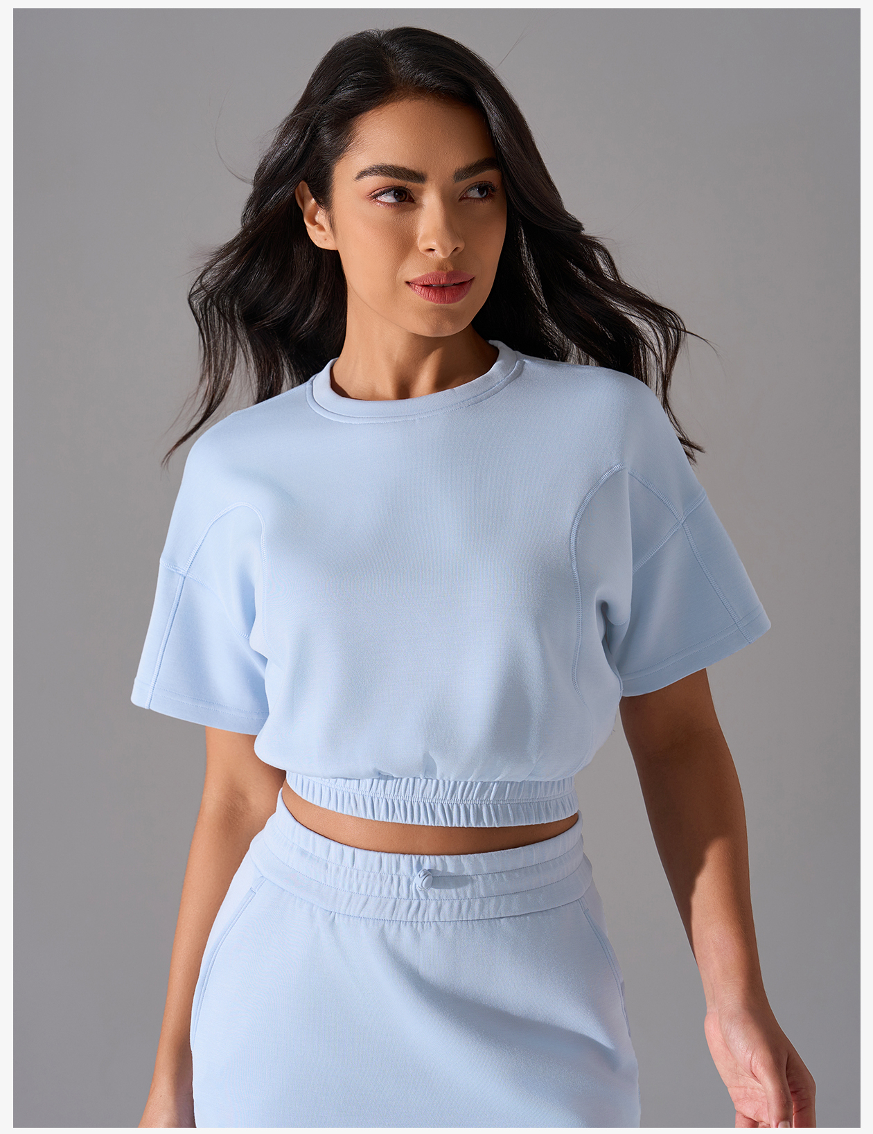 Women's Light Gray Short - Sleeve Cropped Sweatshirt, Elastic Waistband, Casual Athleisure Top